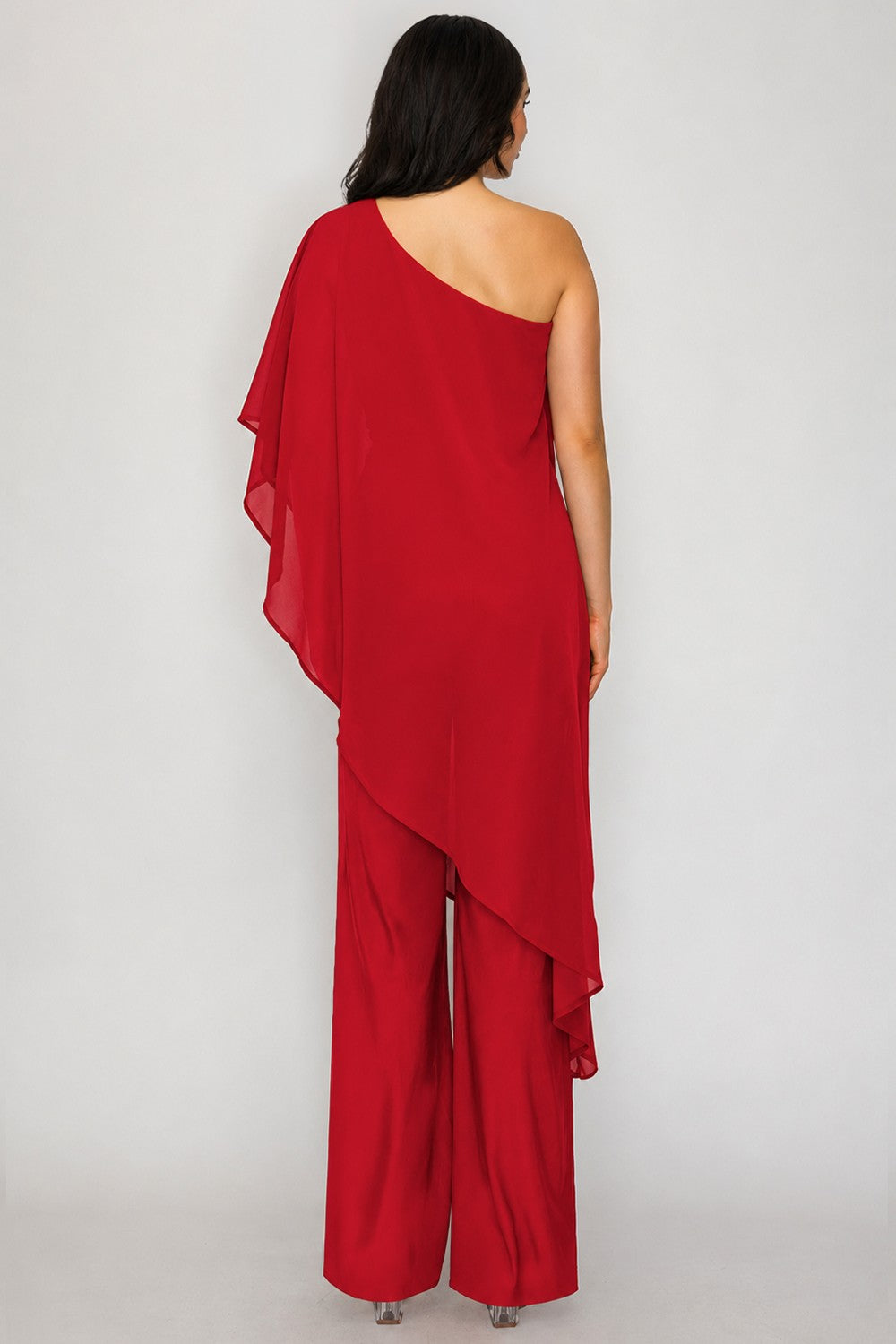 One-shoulder Chiffon Cape Overlay Wide-leg Jumpsuit
