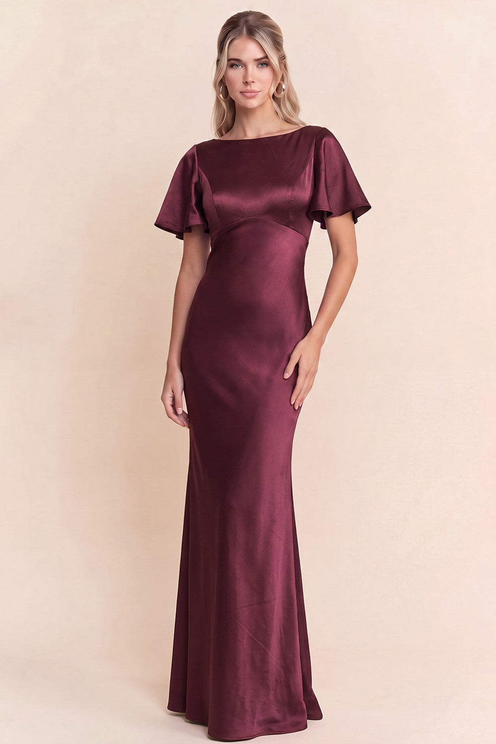 Short Sleeve Cowl Back Satin Maxi Dress
