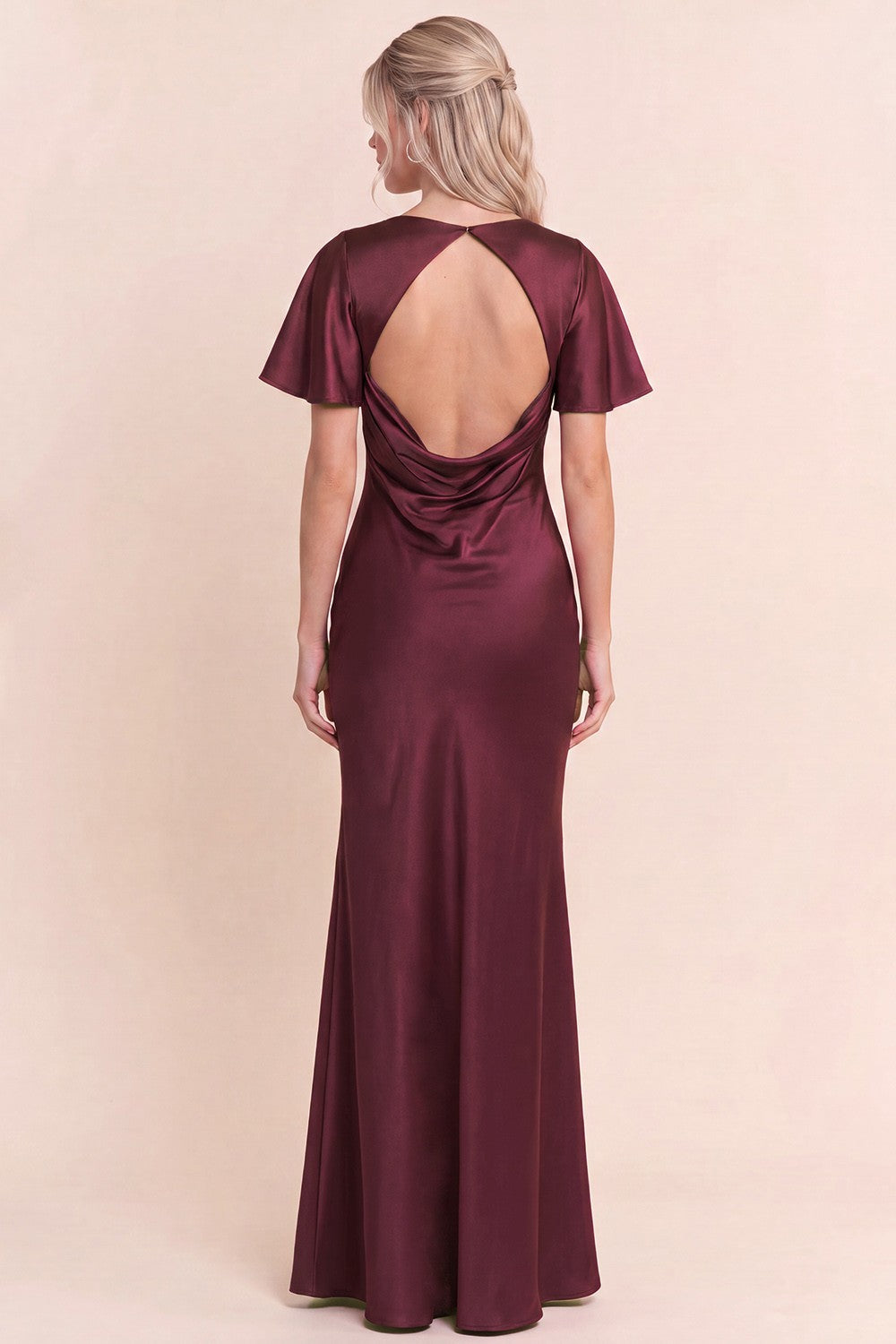 Short Sleeve Cowl Back Satin Maxi Dress