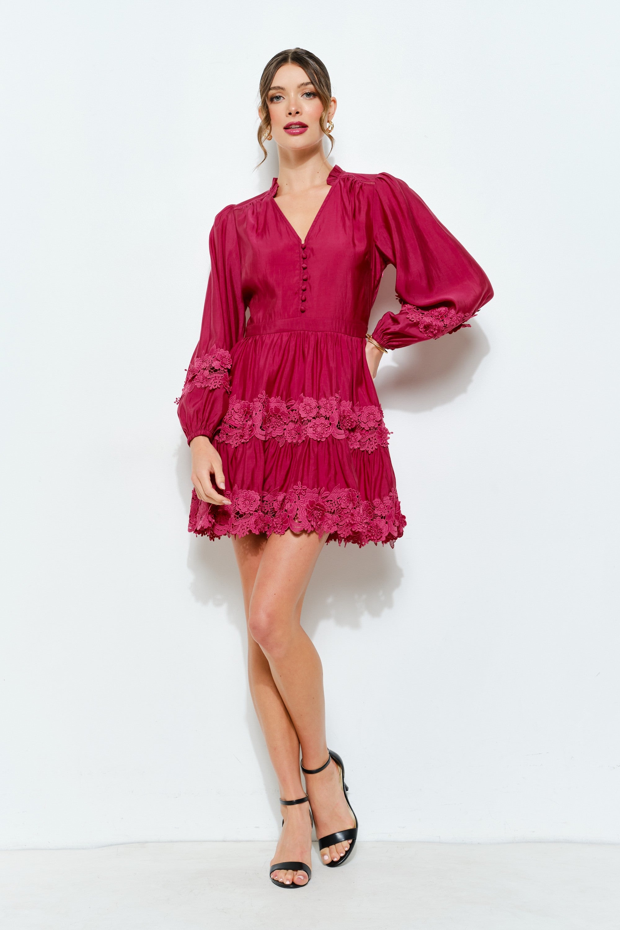 Shiny Floral Lace Puff Sleeve Mini Dress