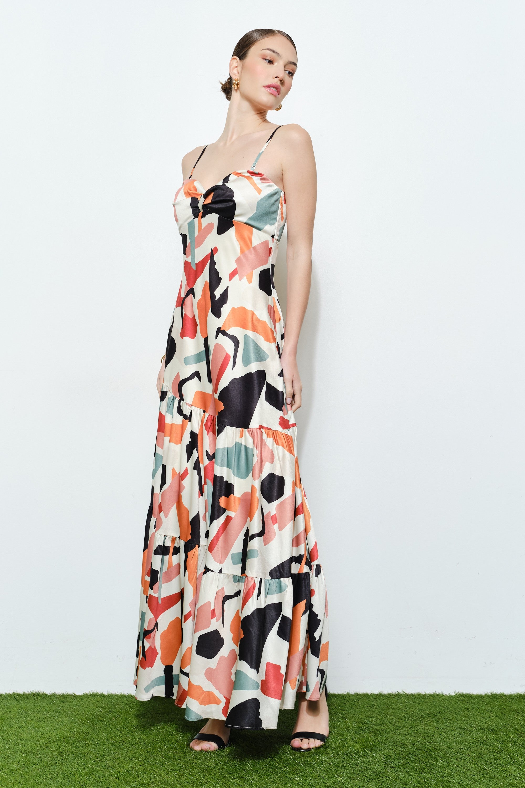 Luxe Abstract Satin Tiered Maxi Dress