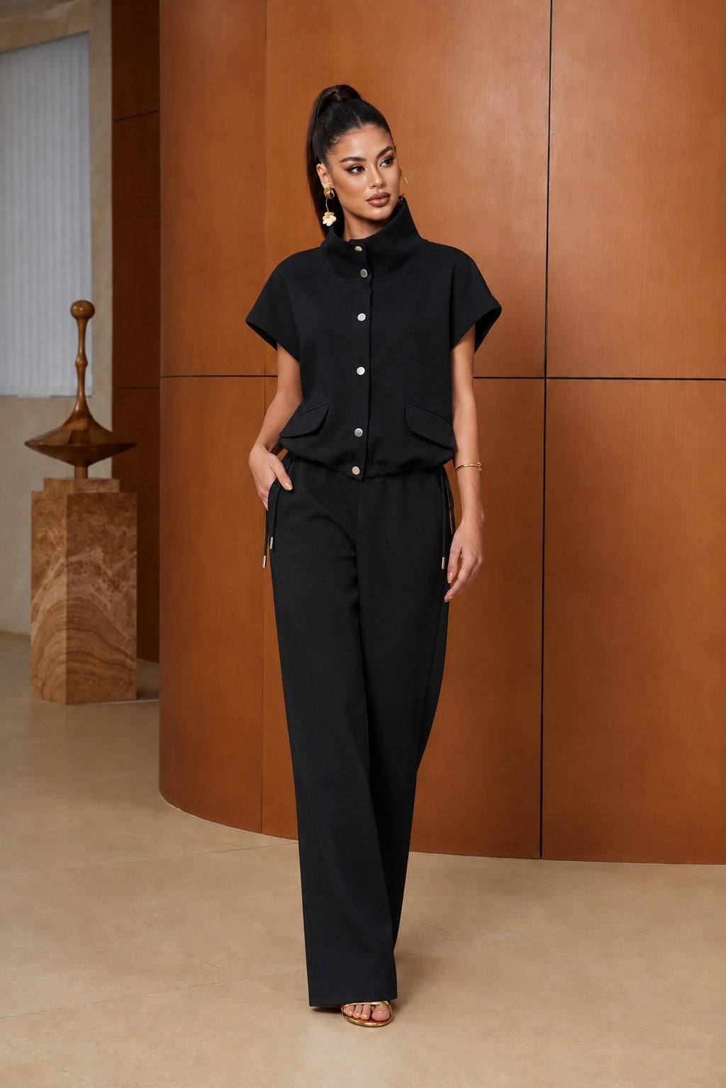 Button-front Collared Wide-leg Pant Set