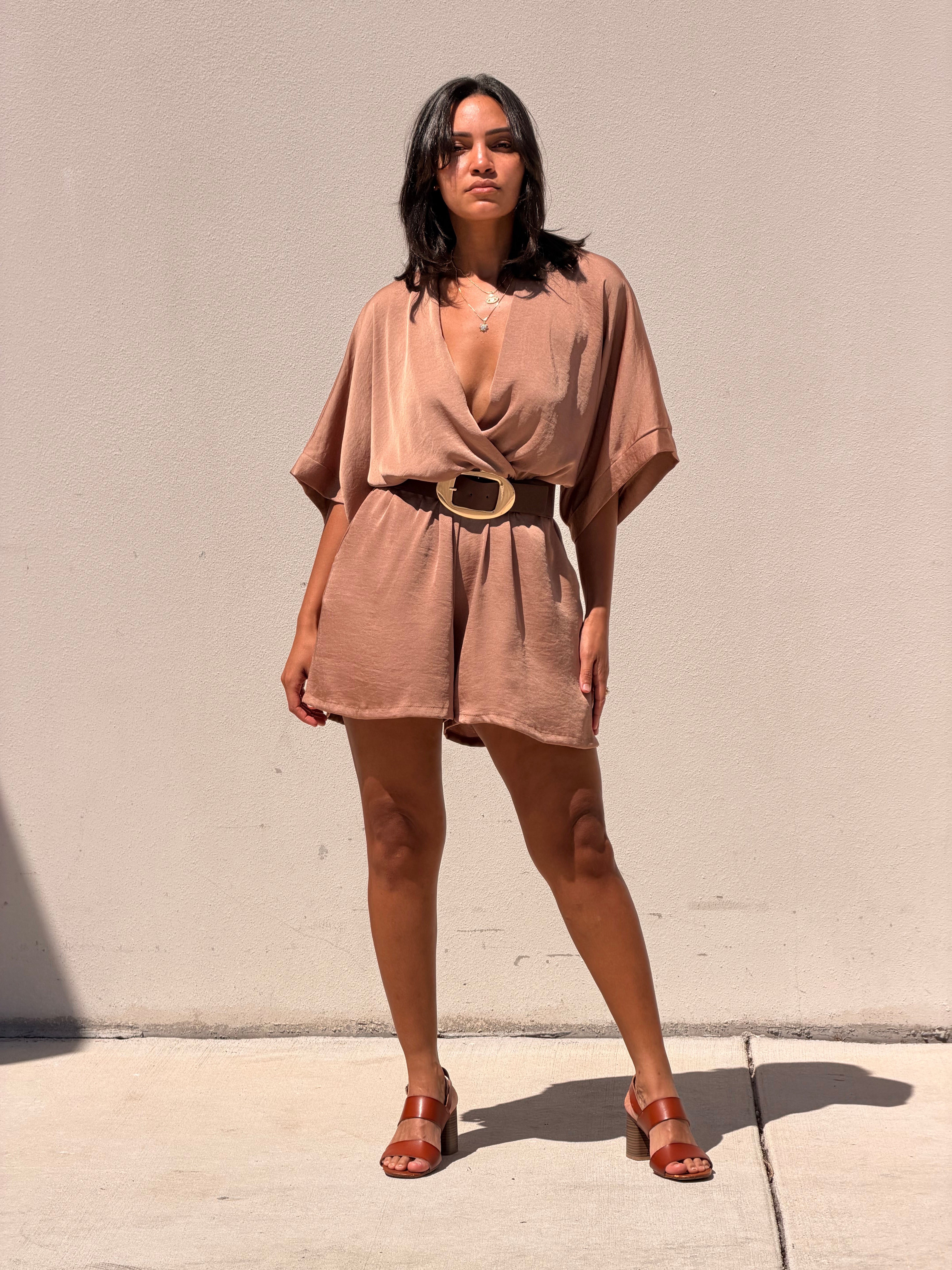 Washed Poly Silk Kimono Wrap Romper
