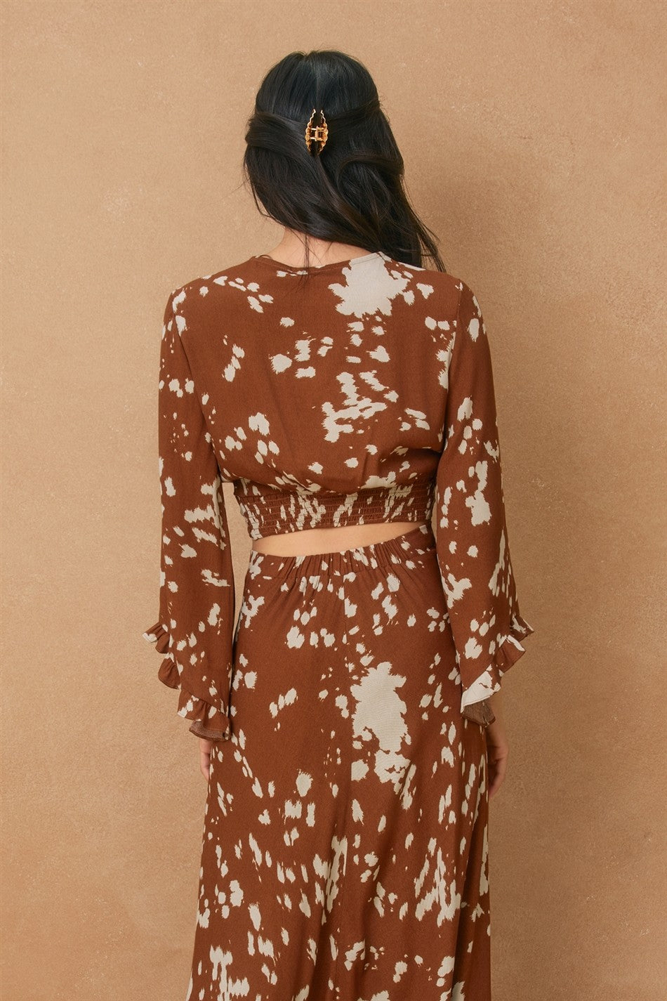 Shadow Spots Ruffled Kimono Sleeve Crop Top