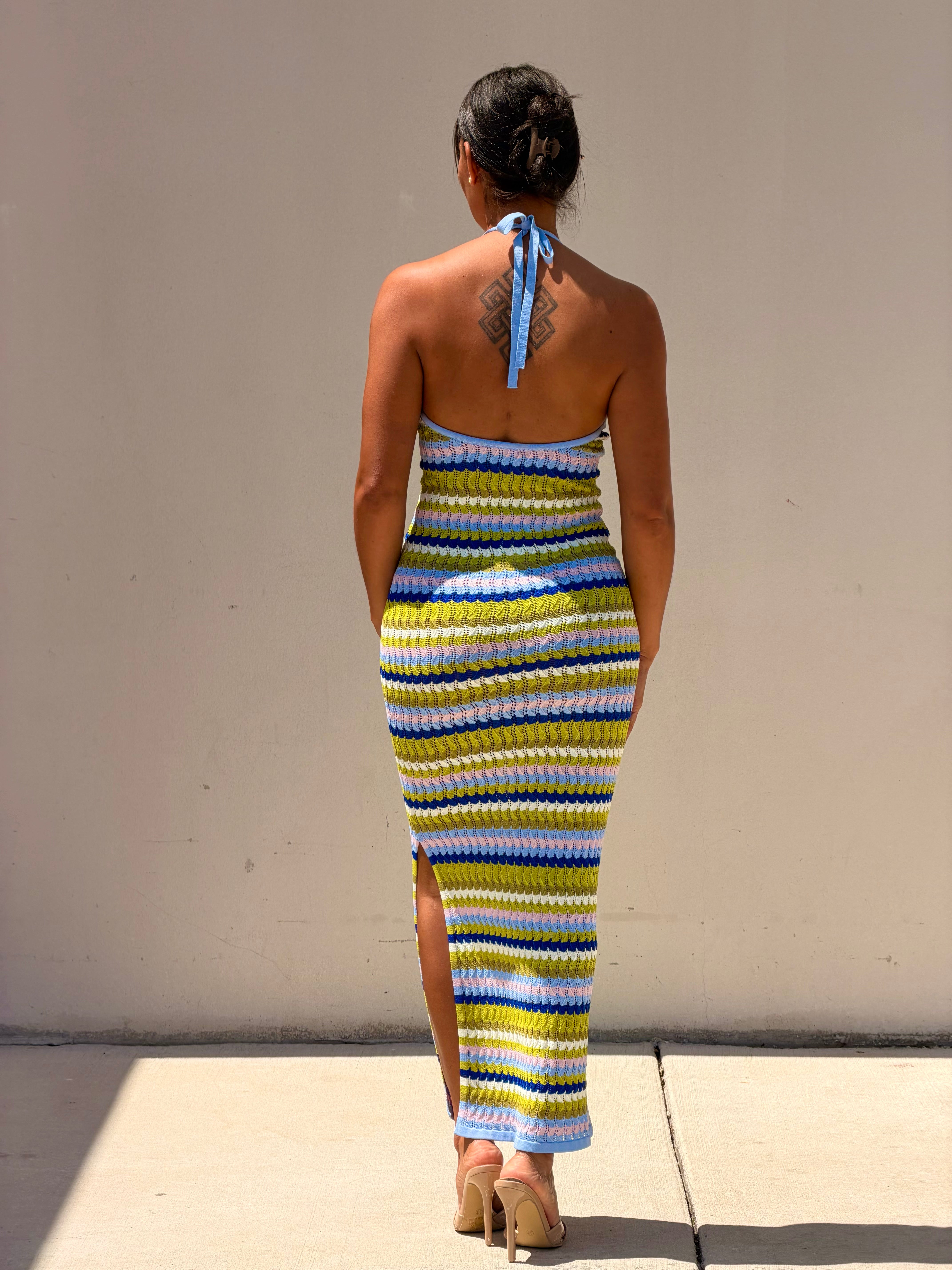 Multi Color Wavy Striped Halter Neck Knit Maxi Dress