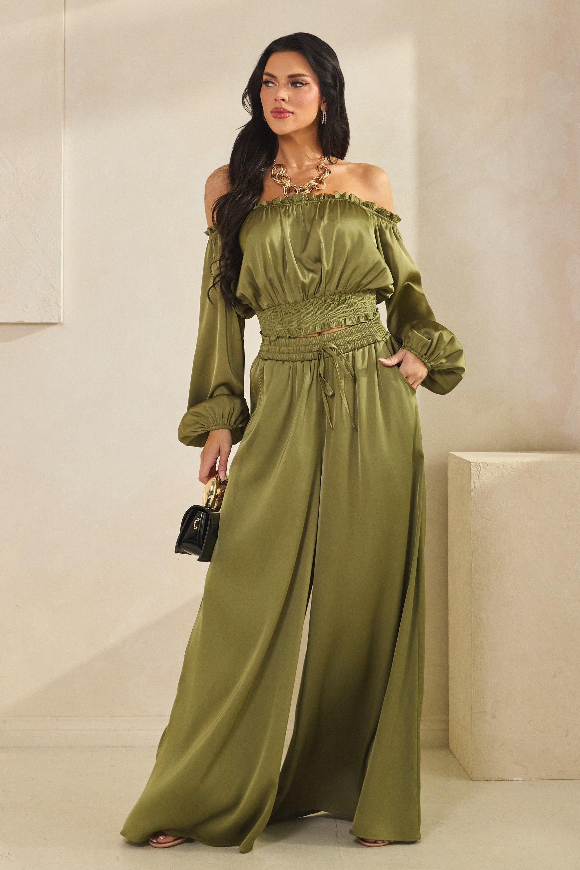 Solid Satin Off Shoulder Lsv Top W/palazzo Pants