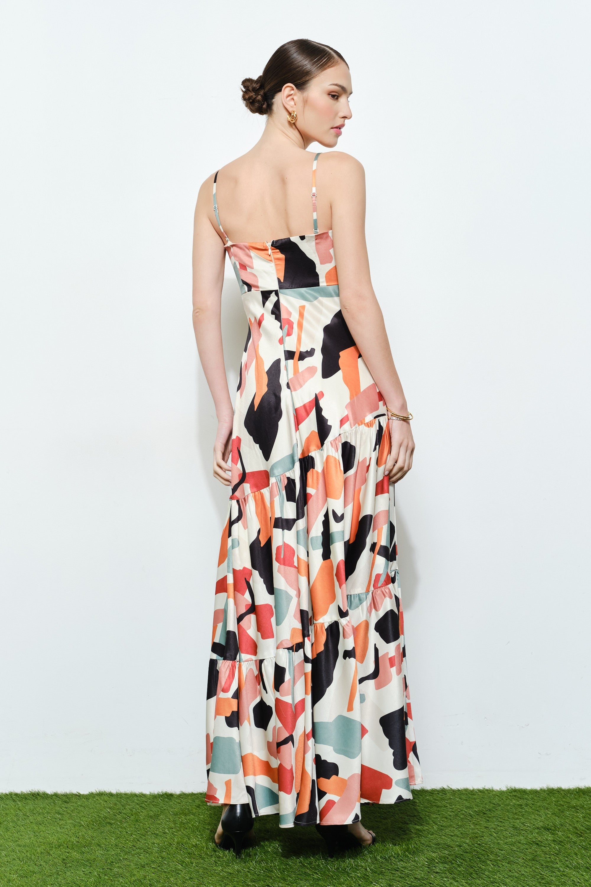 Luxe Abstract Satin Tiered Maxi Dress