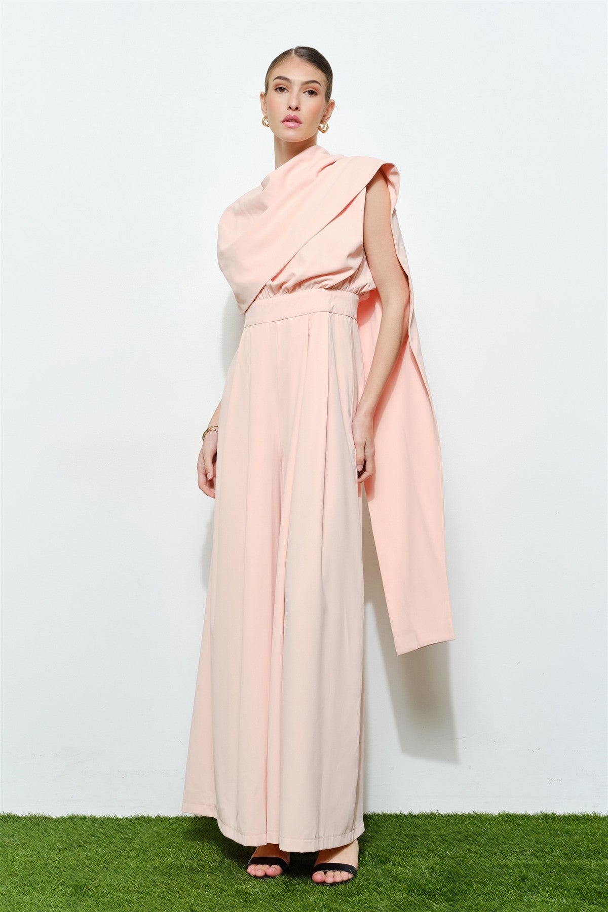Sleeveless Draped Scarf-neck Jumpsuit