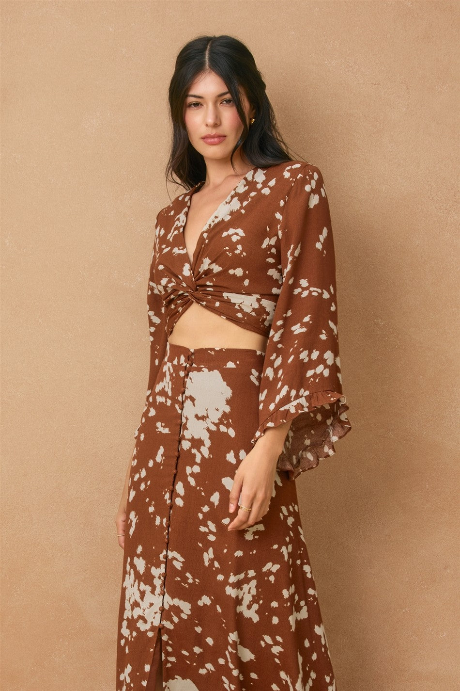 Shadow Spots Ruffled Kimono Sleeve Crop Top