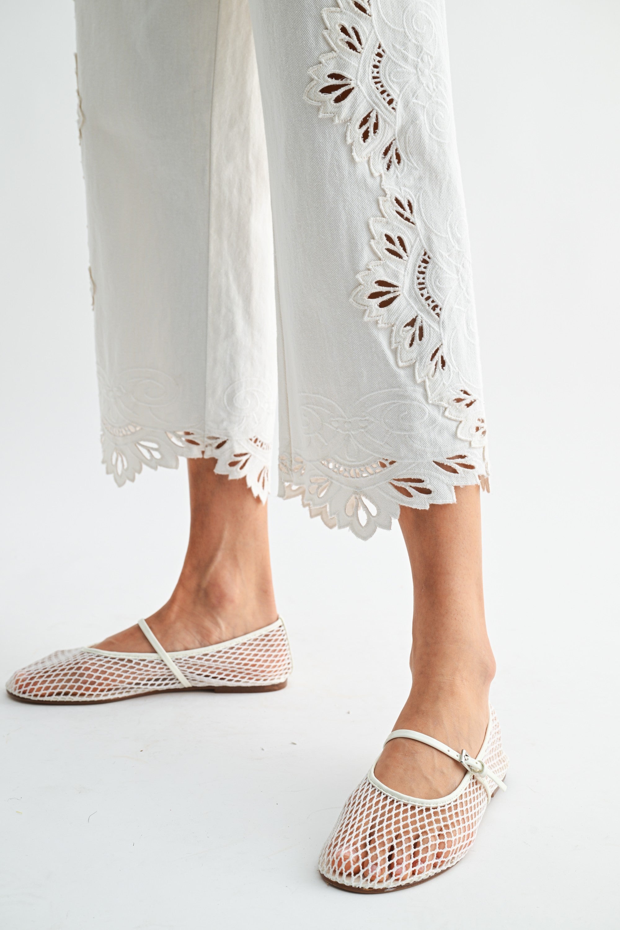 Cropped Pants Intricate Eyelet Embroidery