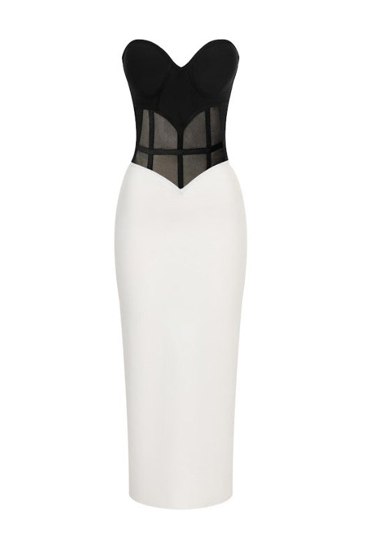Bandage Two Tone Mesh Corset Maxi Dress
