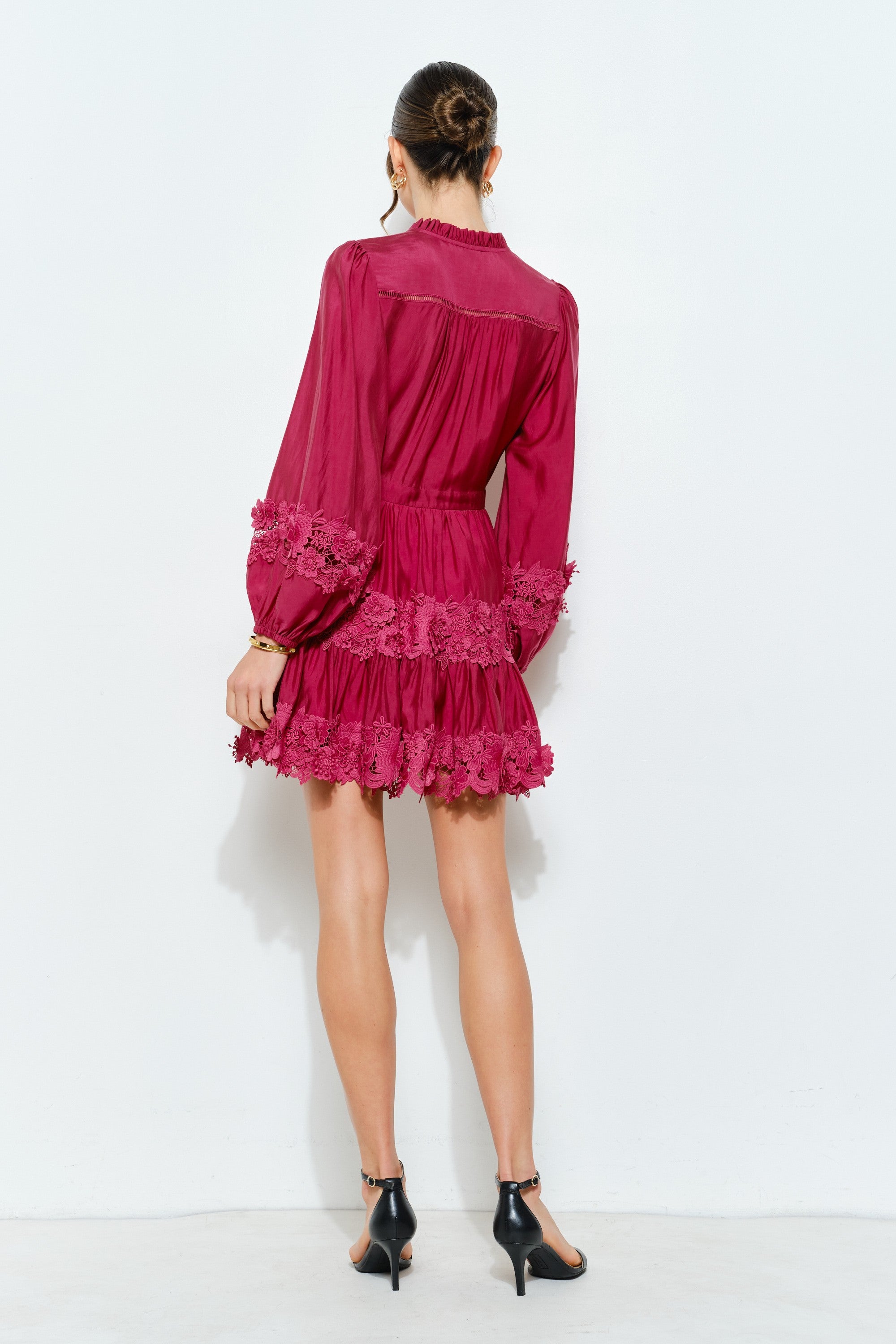 Shiny Floral Lace Puff Sleeve Mini Dress