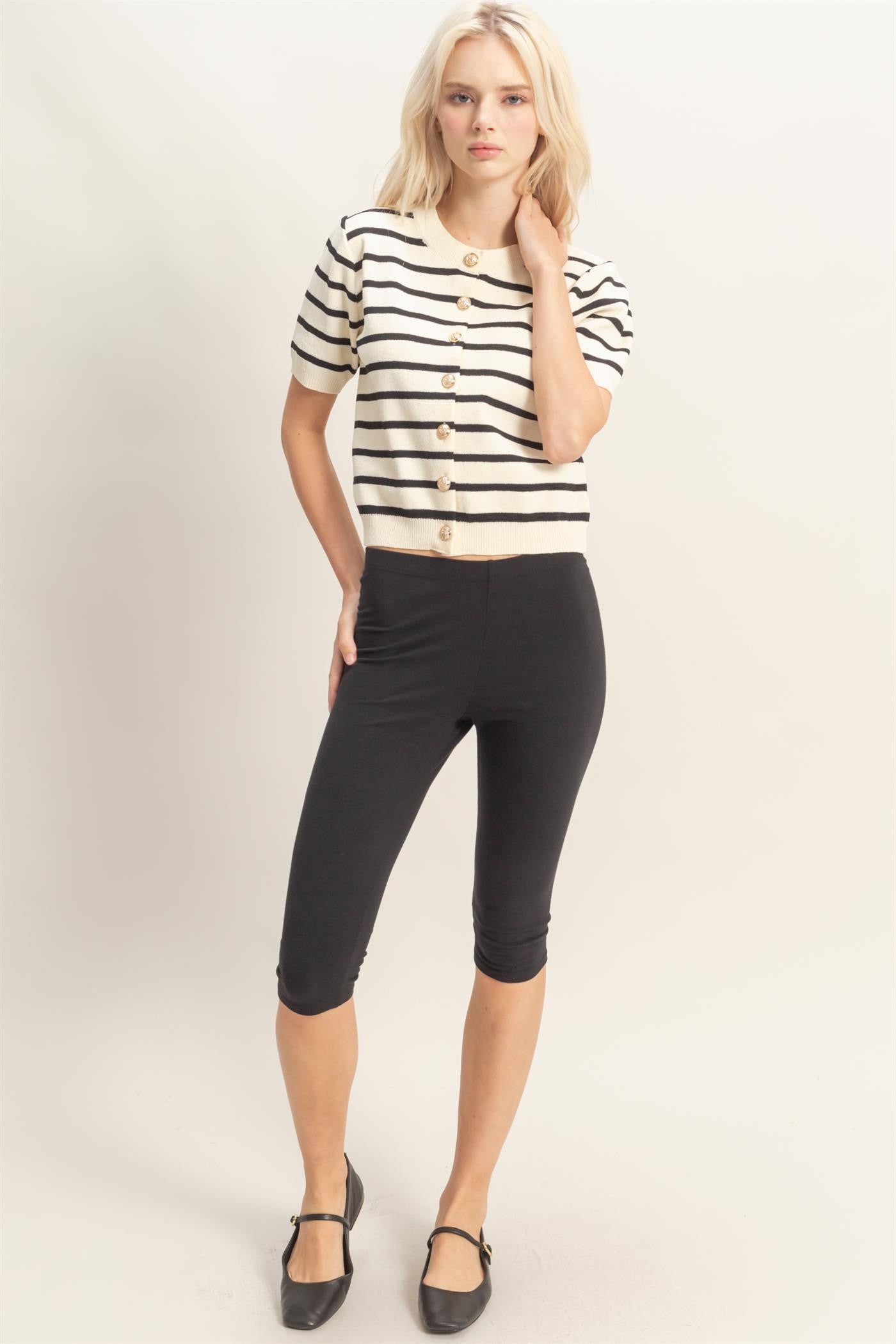 Striped Short Sleeve Button Up Cardigan