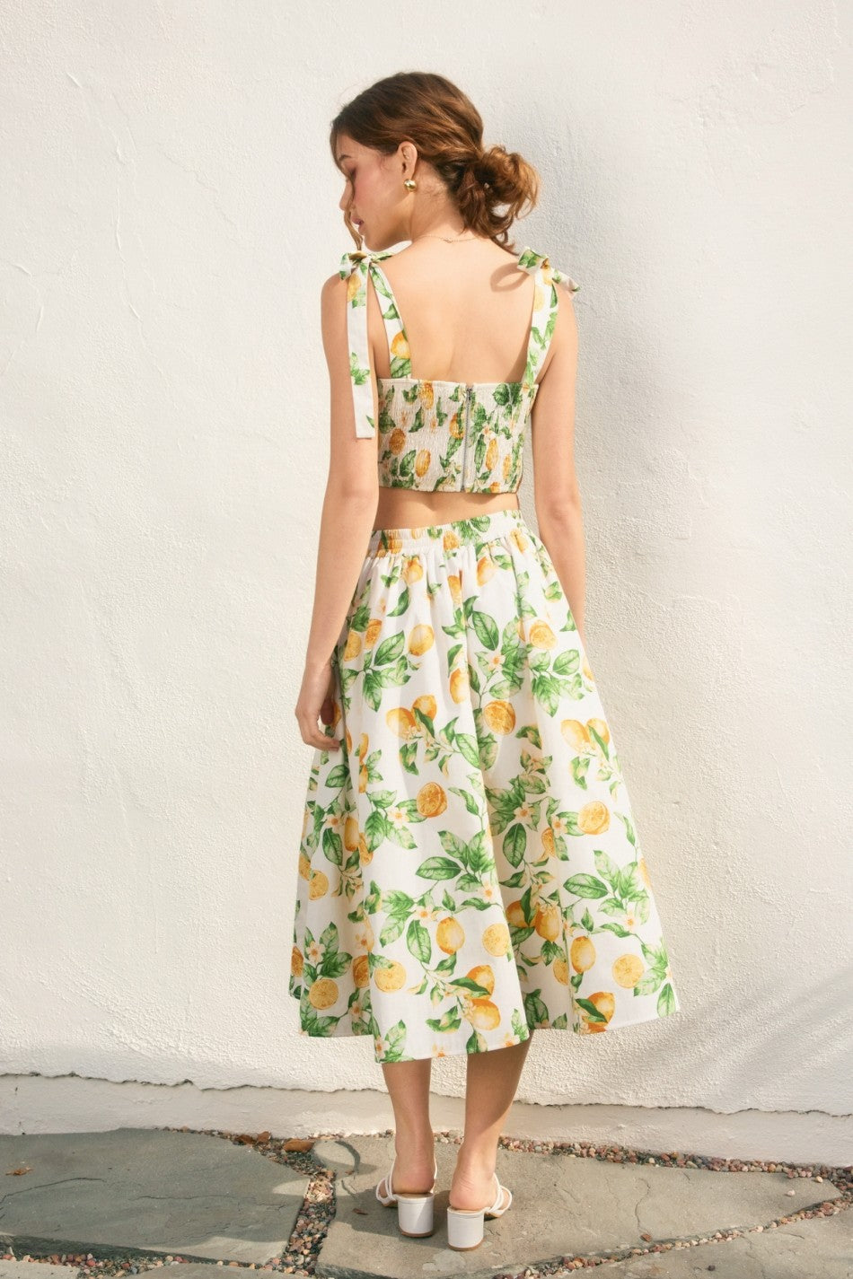 Lemon Structured Circular Midi Skirt And Tie Shoulder Crop
