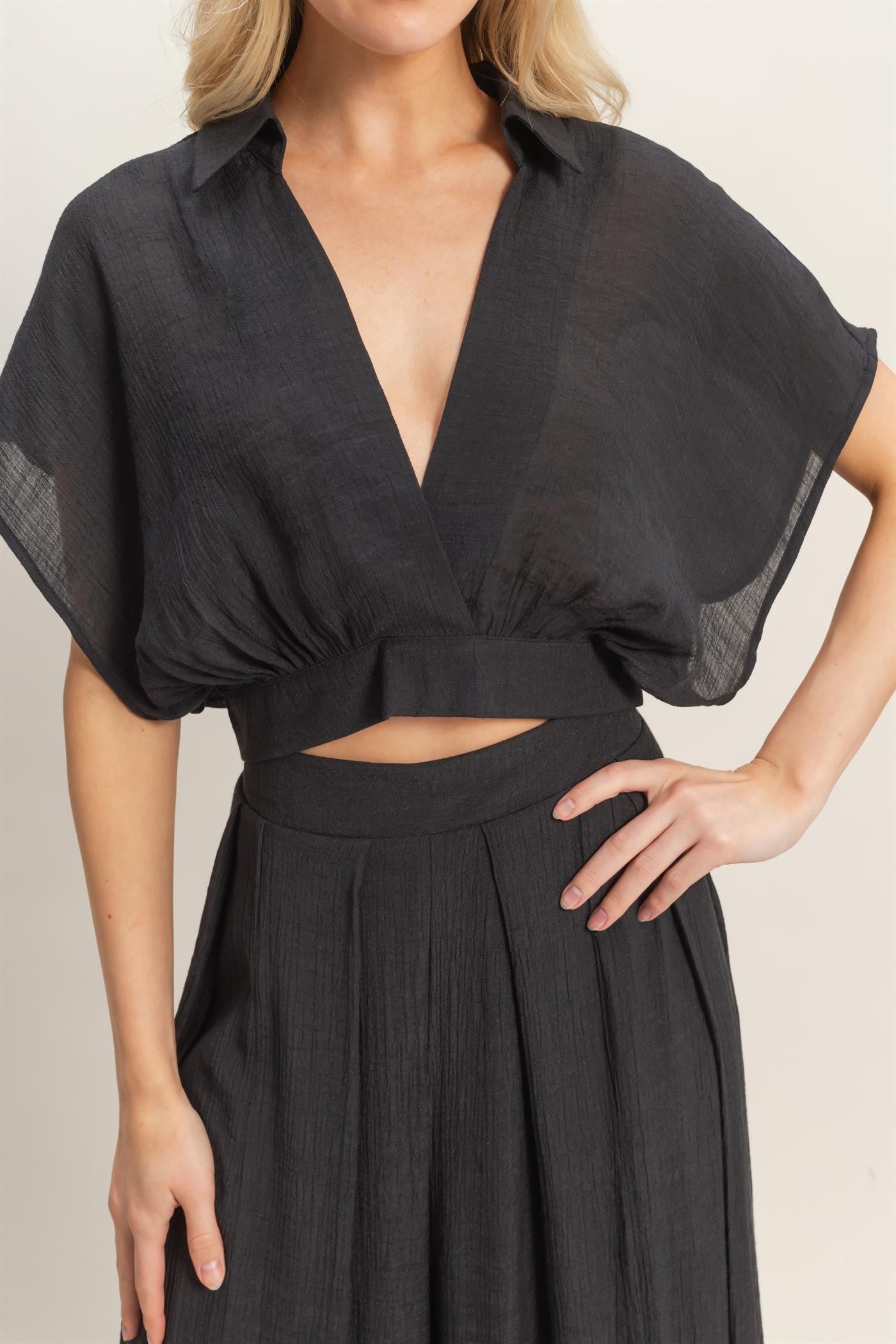 Collared Wrap Top & Wide-leg Pants Set