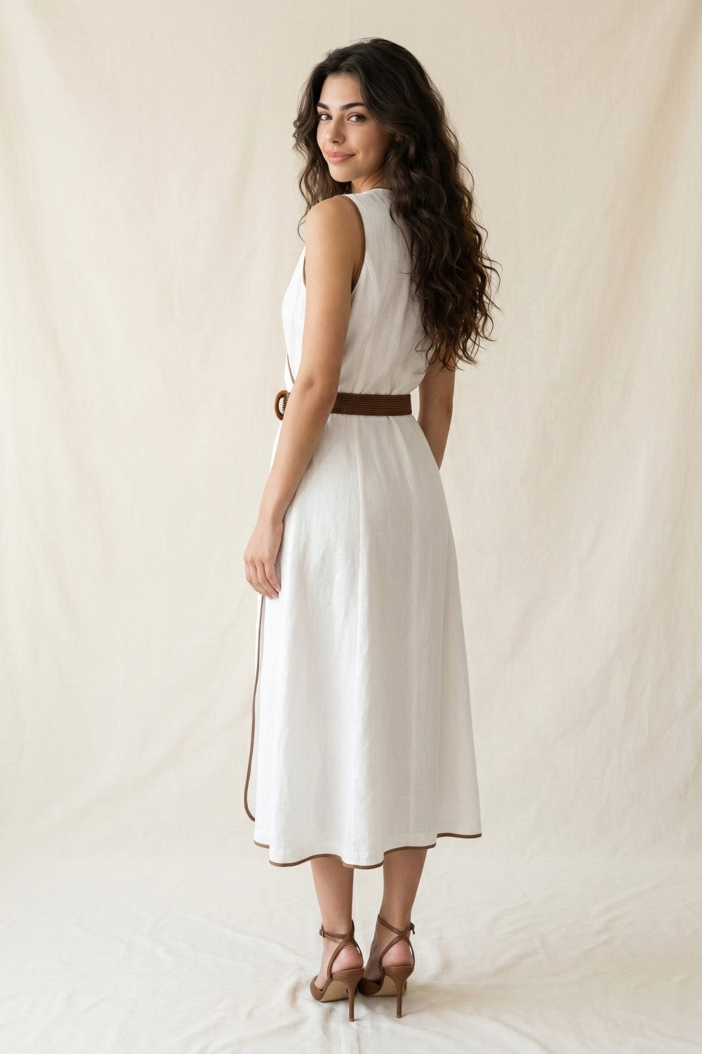 Linen-blend Contrast Trim Faux Wrap Midi Dress