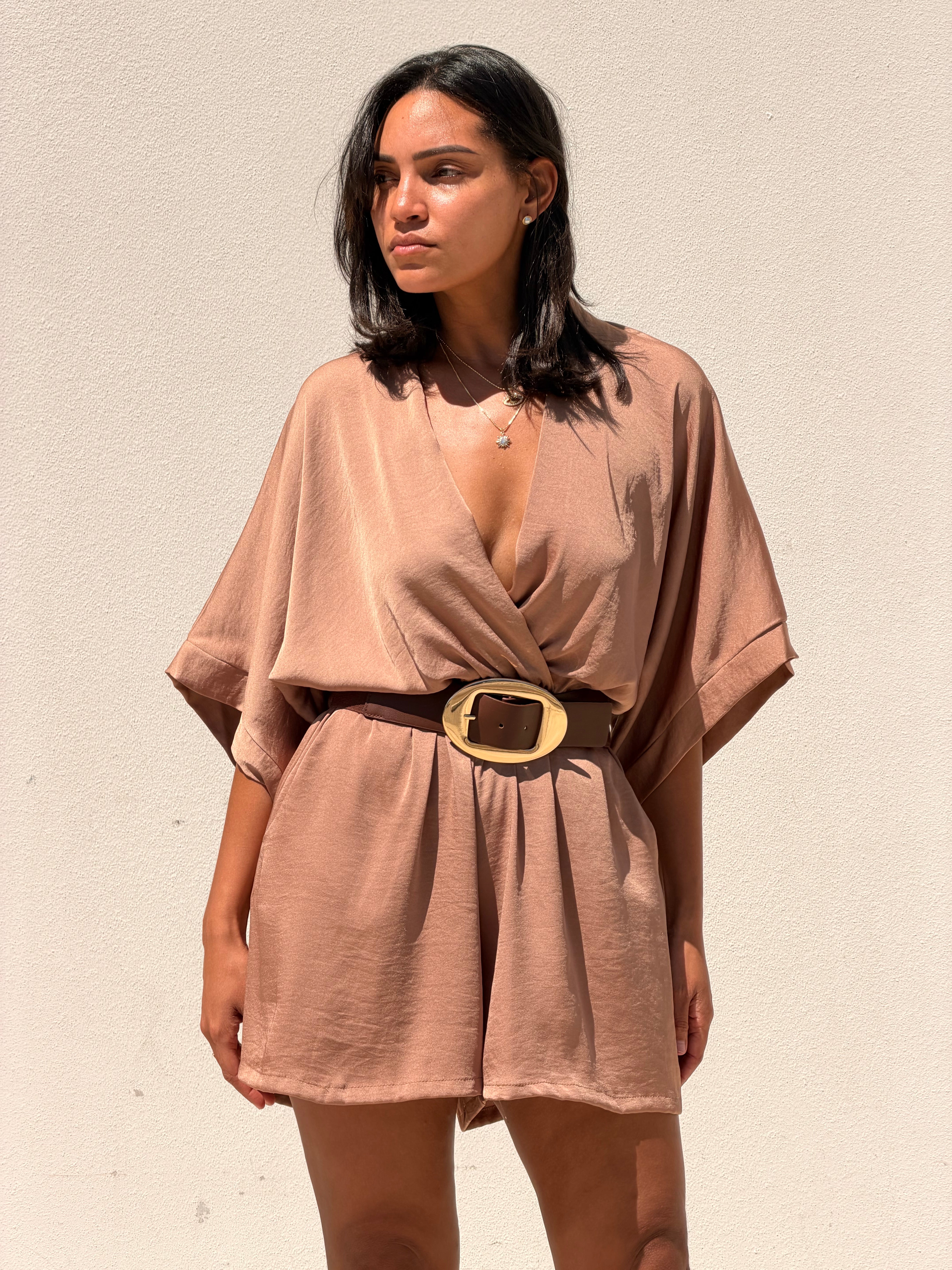 Washed Poly Silk Kimono Wrap Romper