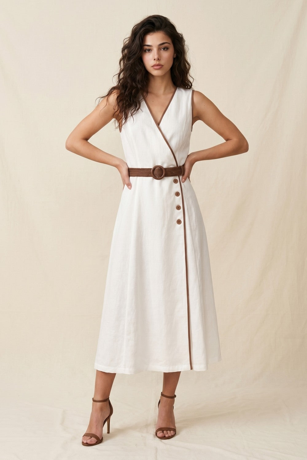 Linen-blend Contrast Trim Faux Wrap Midi Dress
