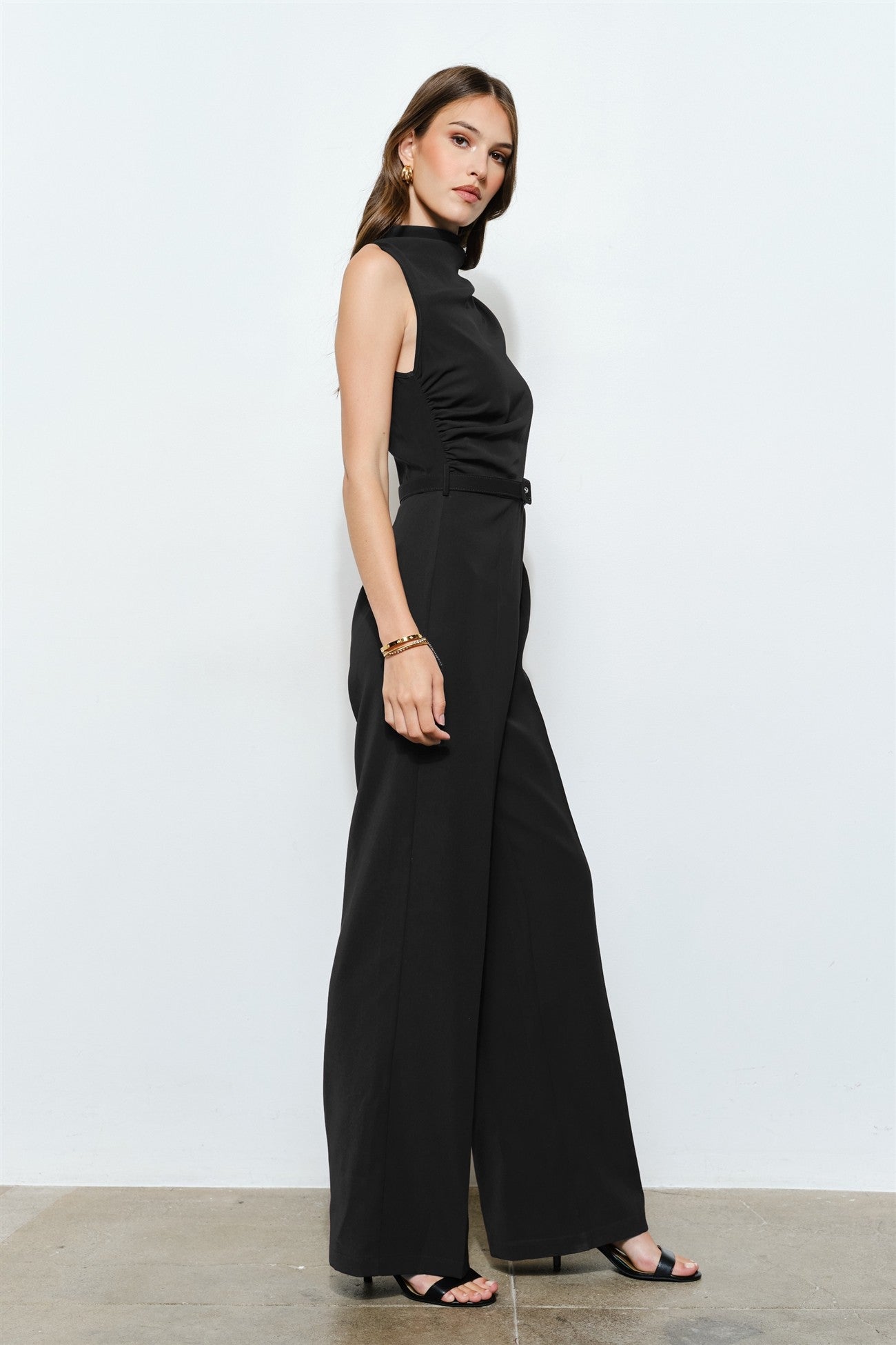 Asymmetric Draped Belted Sleeveless Jumpsuit