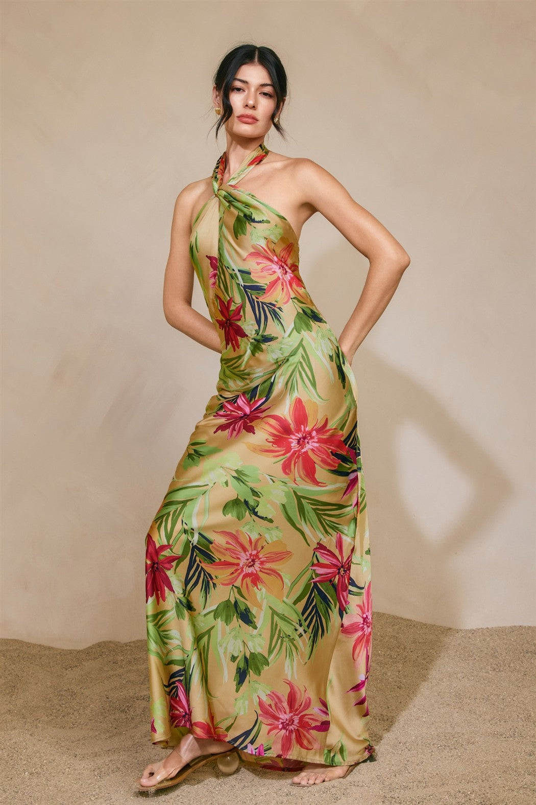 Rainforest Leaf Halter Neck Open Back Maxi Dress