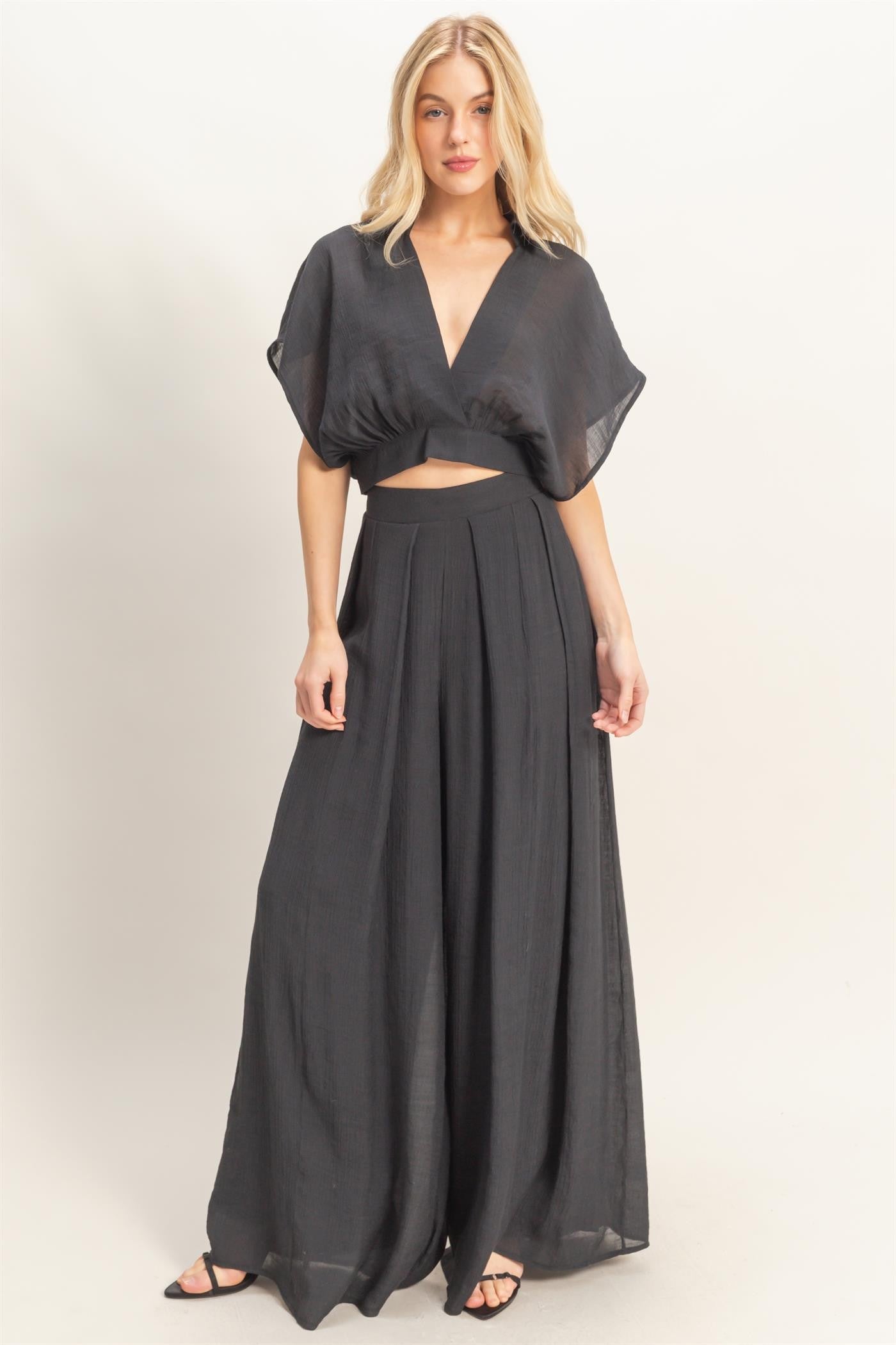 Collared Wrap Top & Wide-leg Pants Set