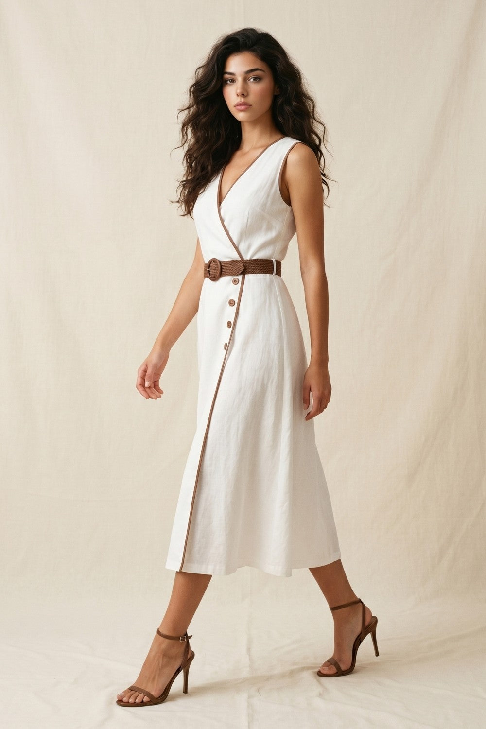 Linen-blend Contrast Trim Faux Wrap Midi Dress