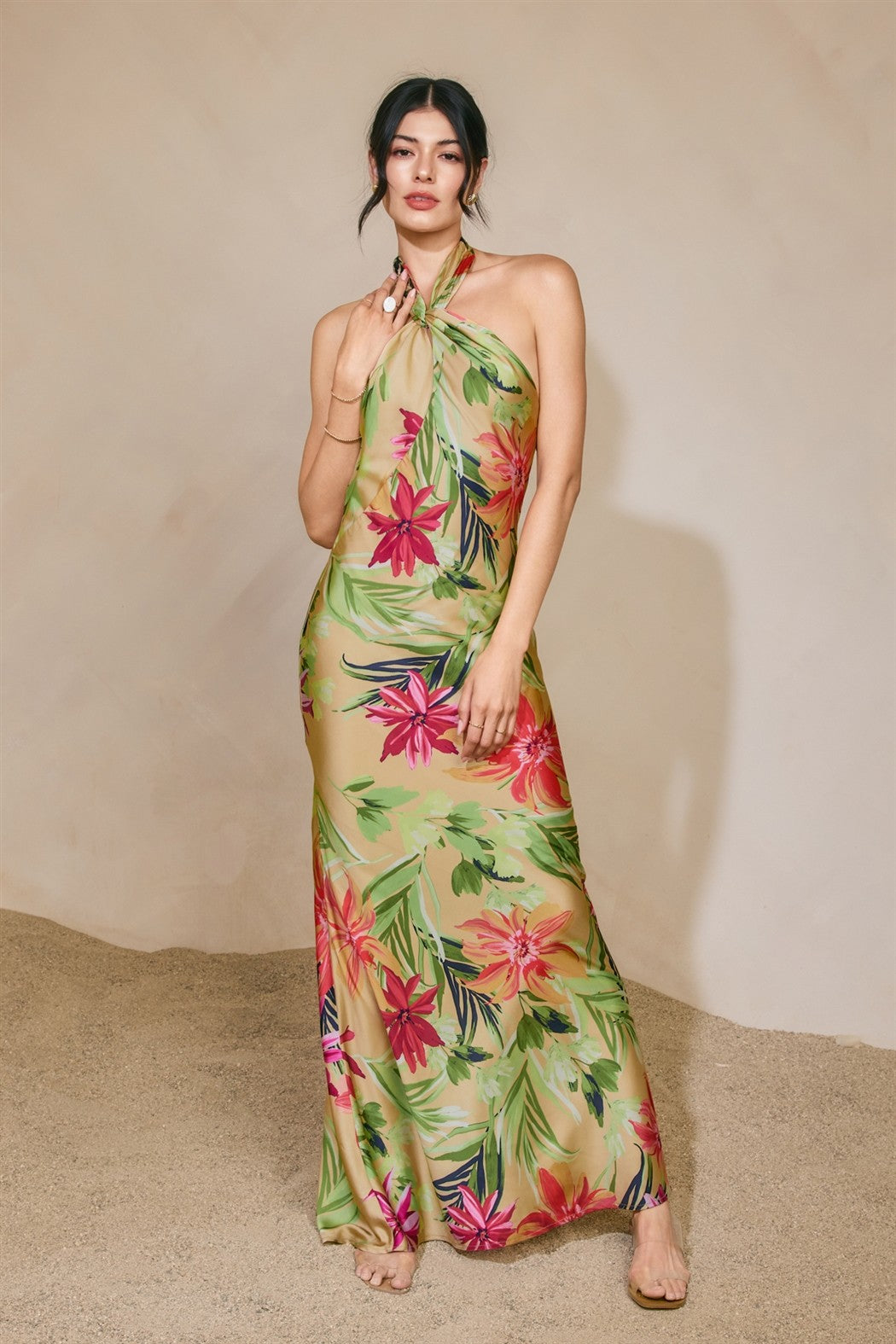Rainforest Leaf Halter Neck Open Back Maxi Dress