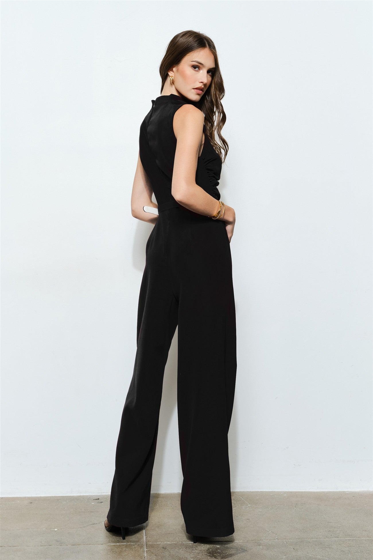 Asymmetric Draped Belted Sleeveless Jumpsuit