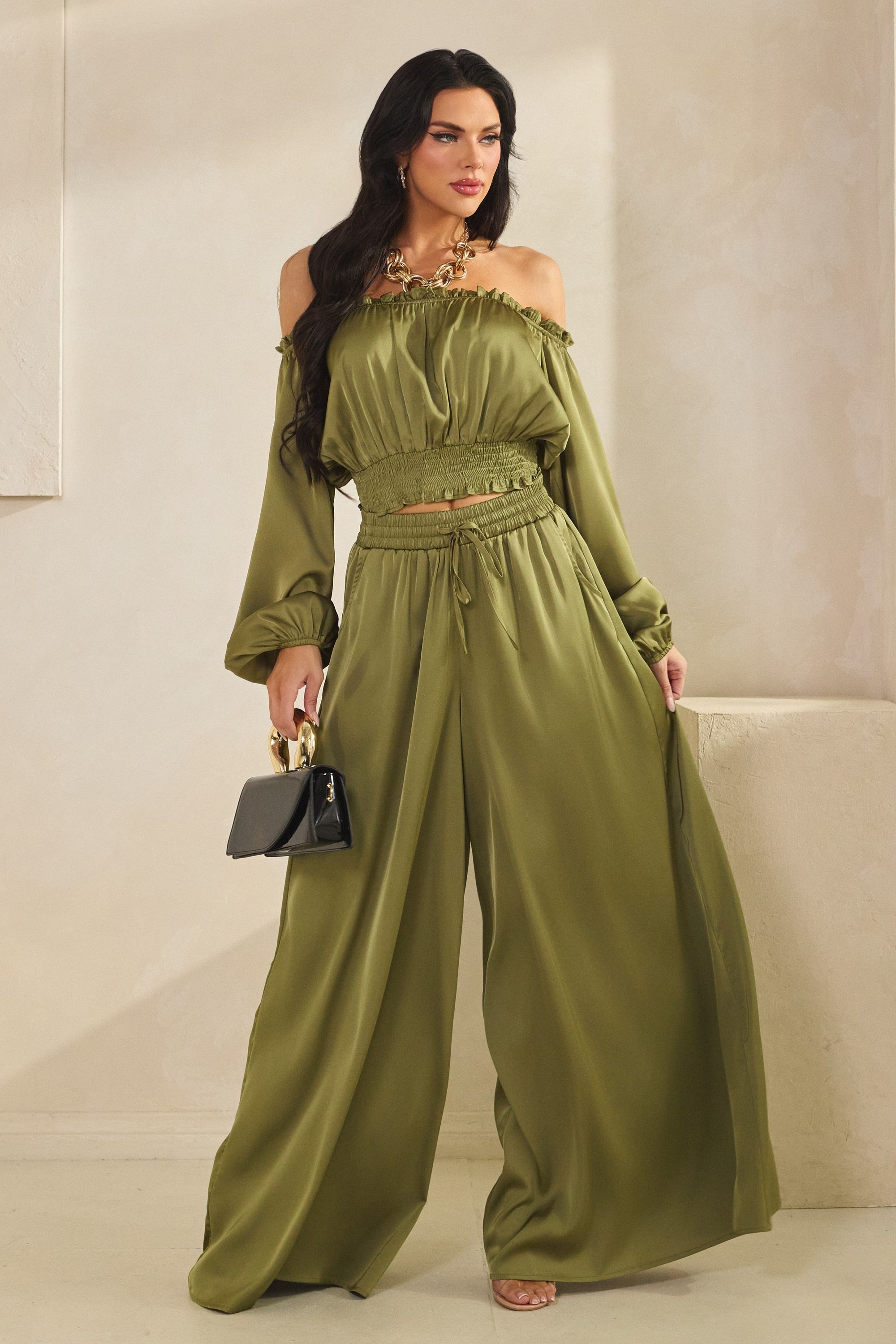 Solid Satin Off Shoulder Lsv Top W/palazzo Pants
