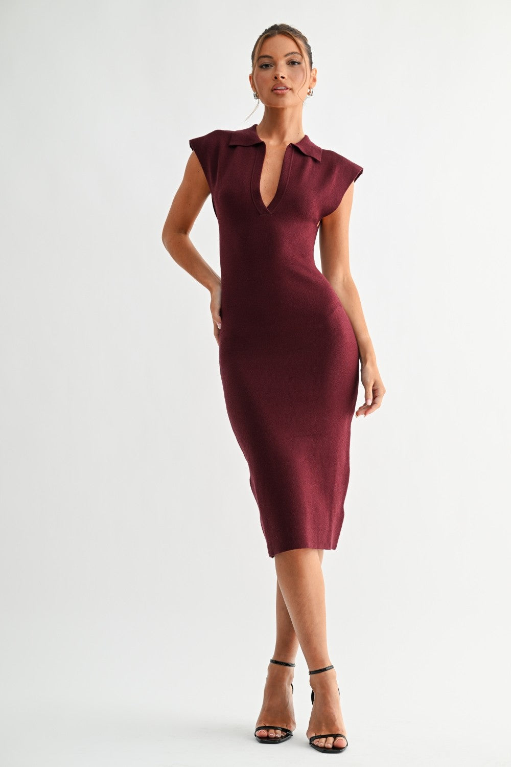 Sleek Collar Knit Midi Dress