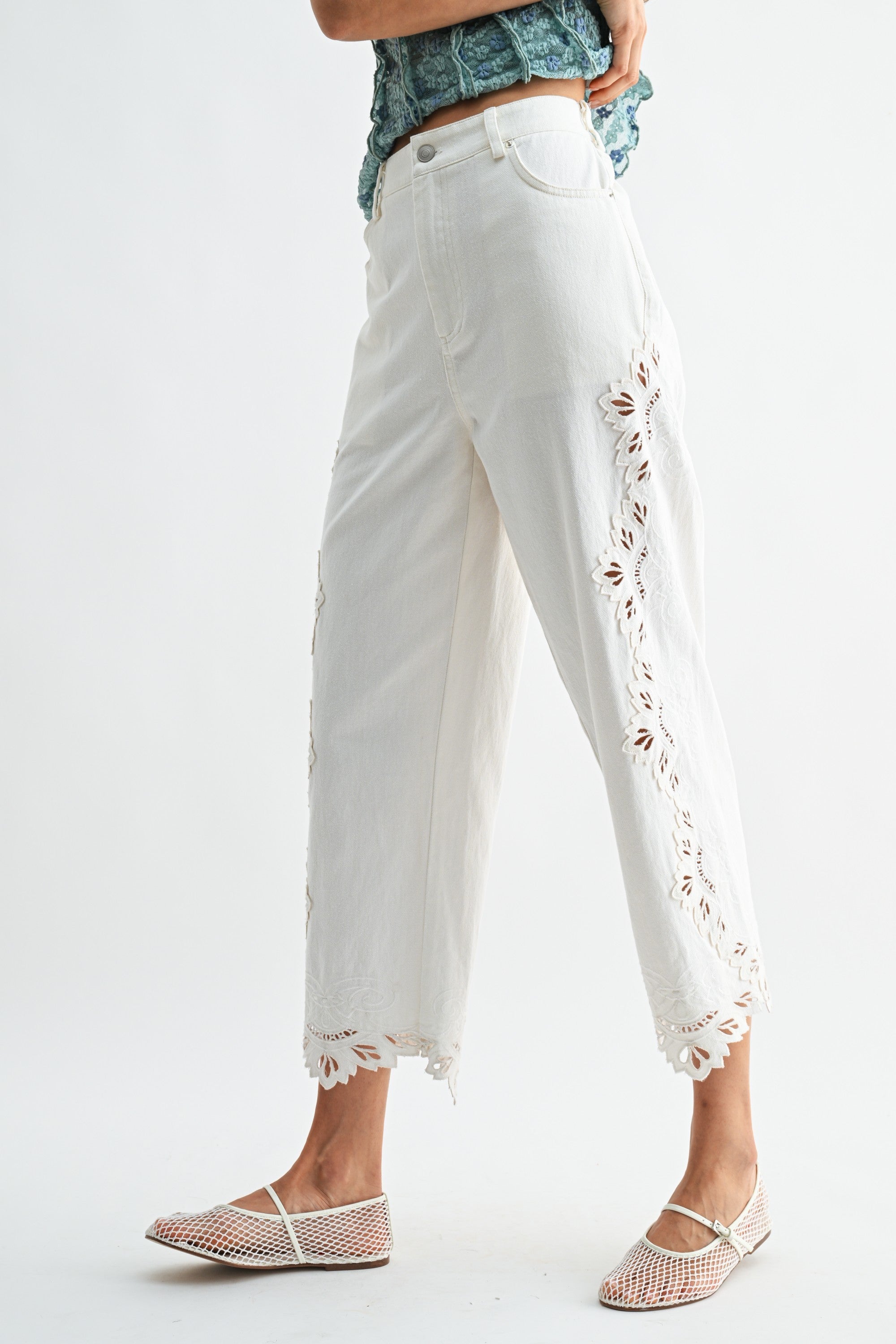Cropped Pants Intricate Eyelet Embroidery