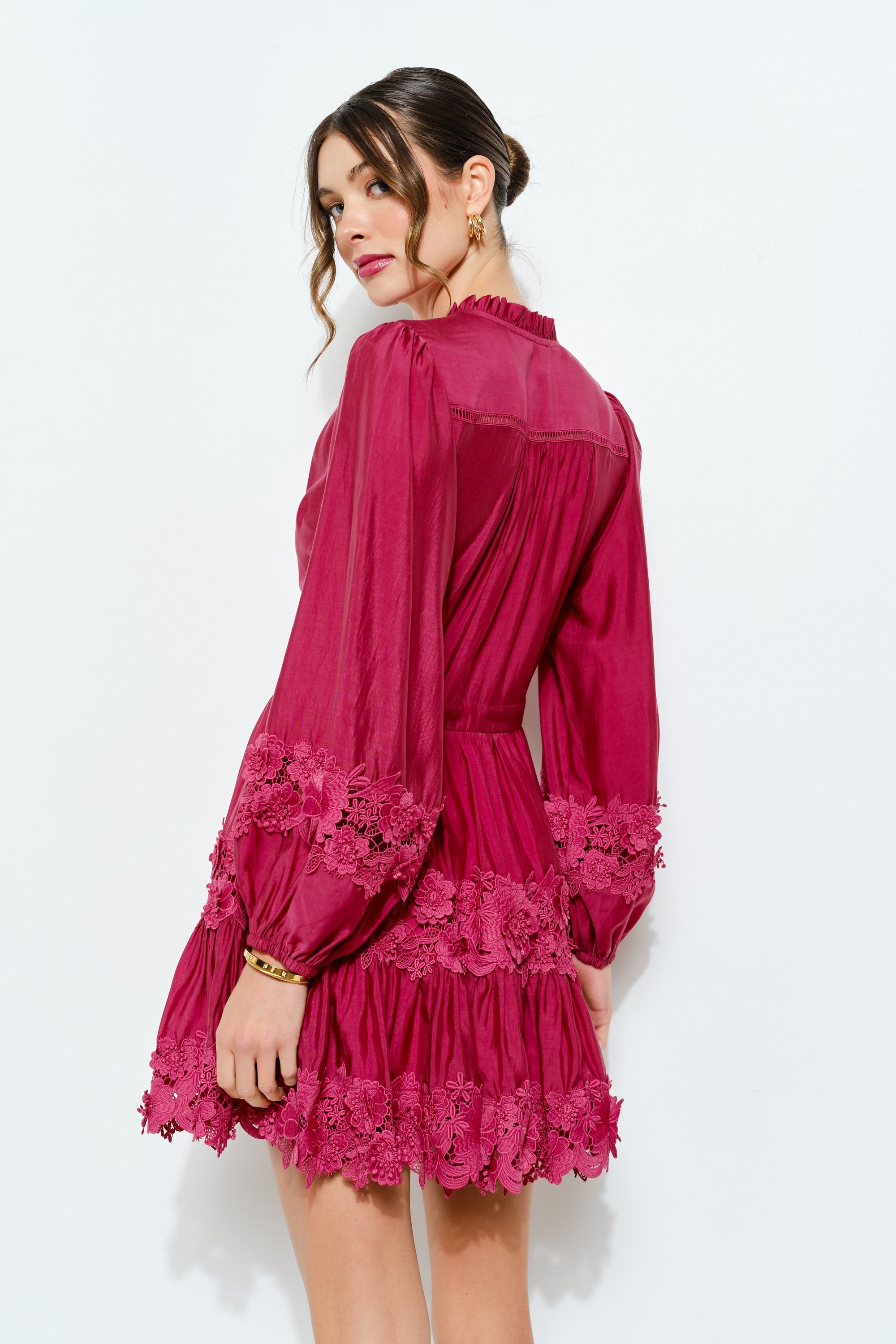 Shiny Floral Lace Puff Sleeve Mini Dress