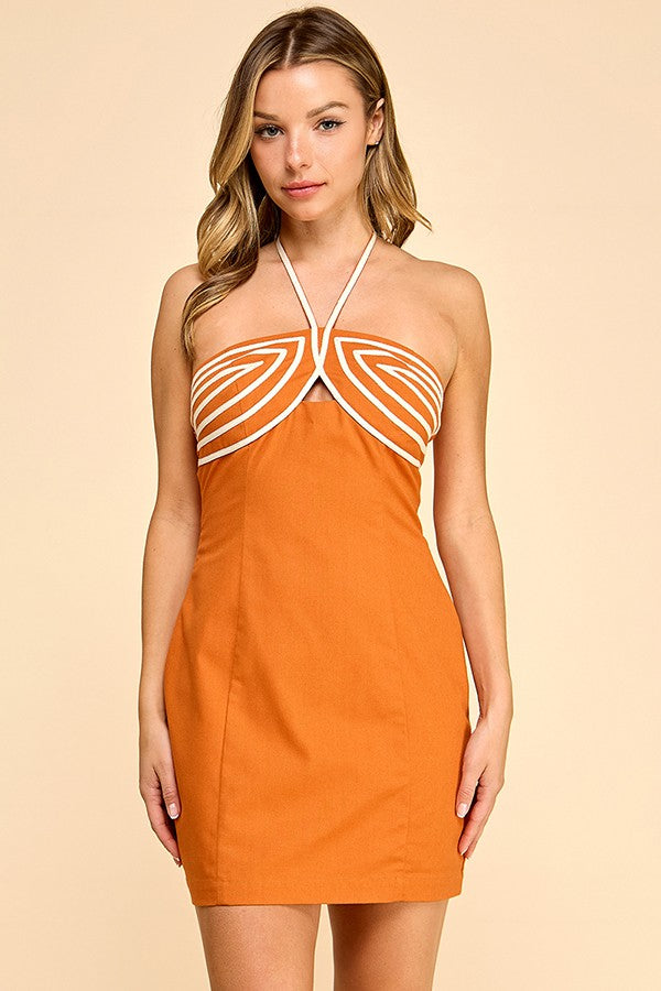 Tie-up Halter Neck Embroidered Bodice Mini Dress