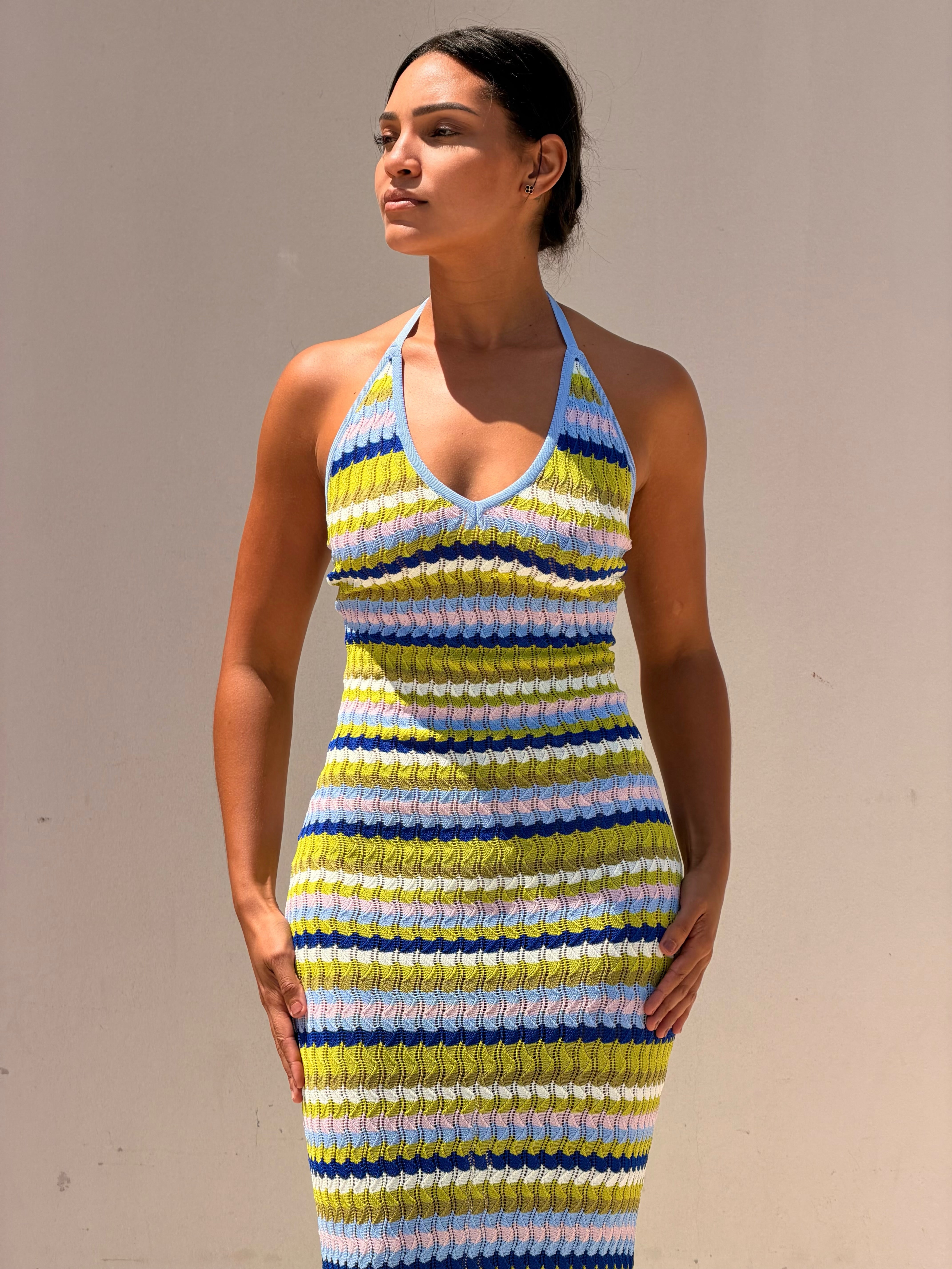 Multi Color Wavy Striped Halter Neck Knit Maxi Dress