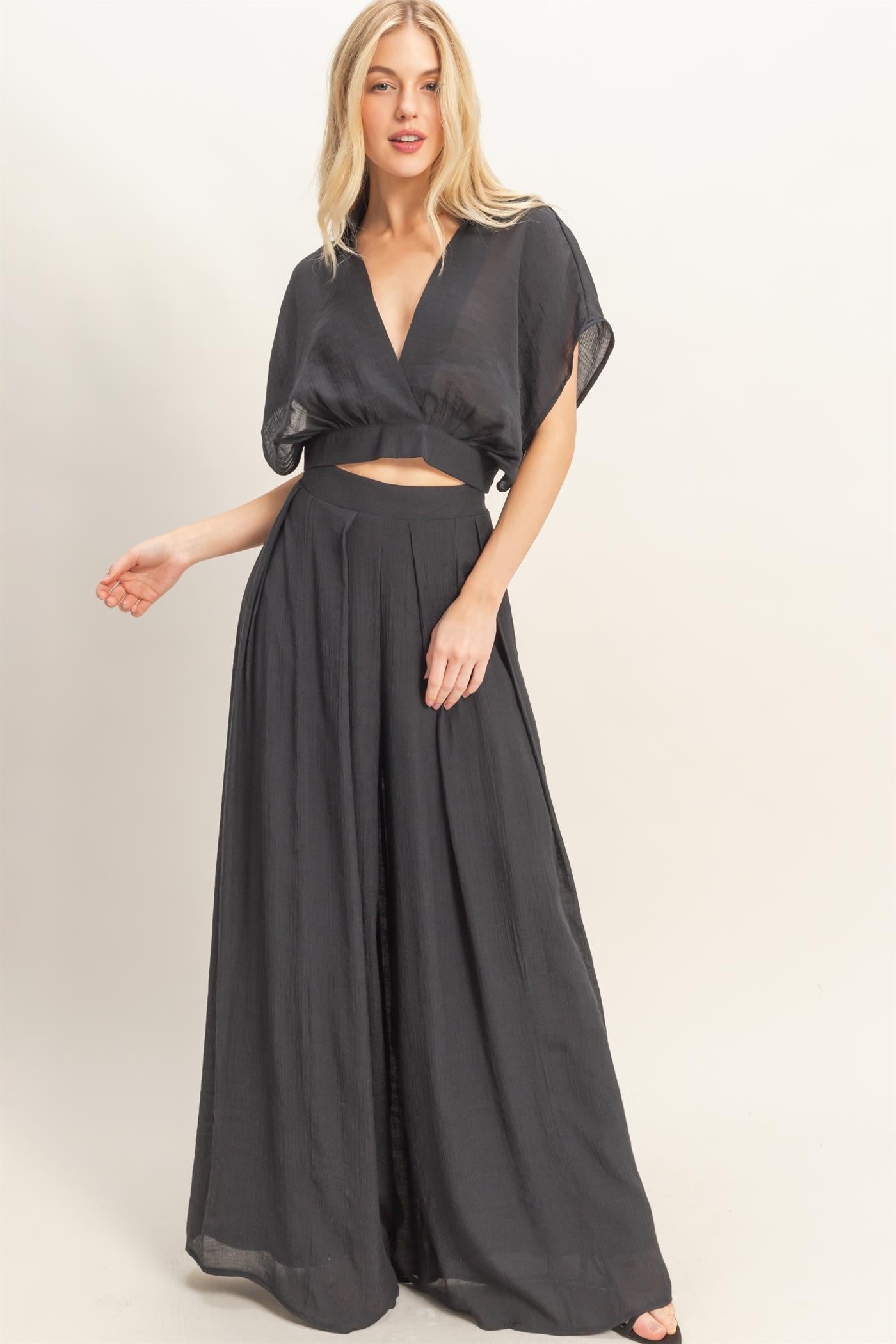 Collared Wrap Top & Wide-leg Pants Set