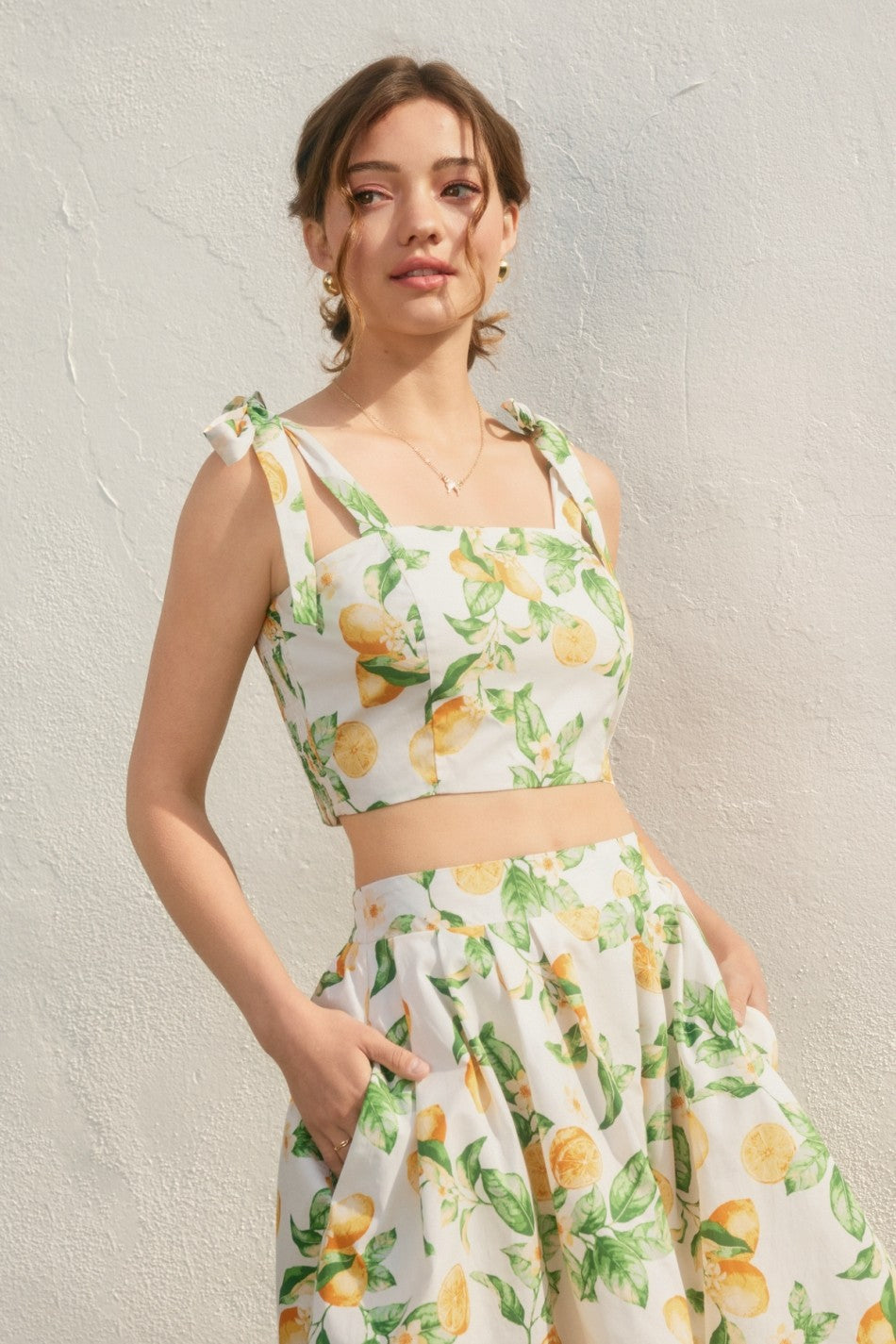 Lemon Structured Circular Midi Skirt And Tie Shoulder Crop