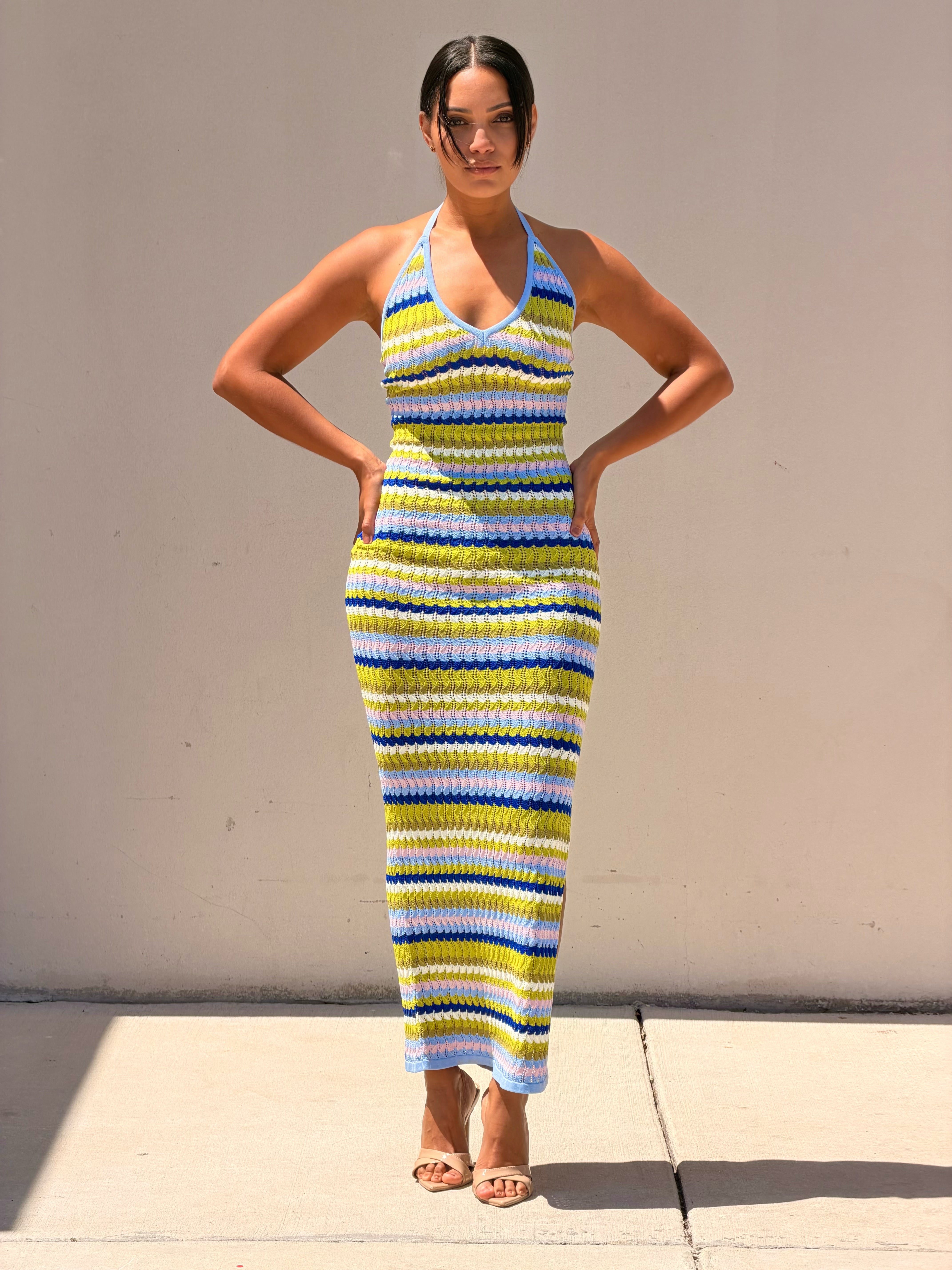 Multi Color Wavy Striped Halter Neck Knit Maxi Dress