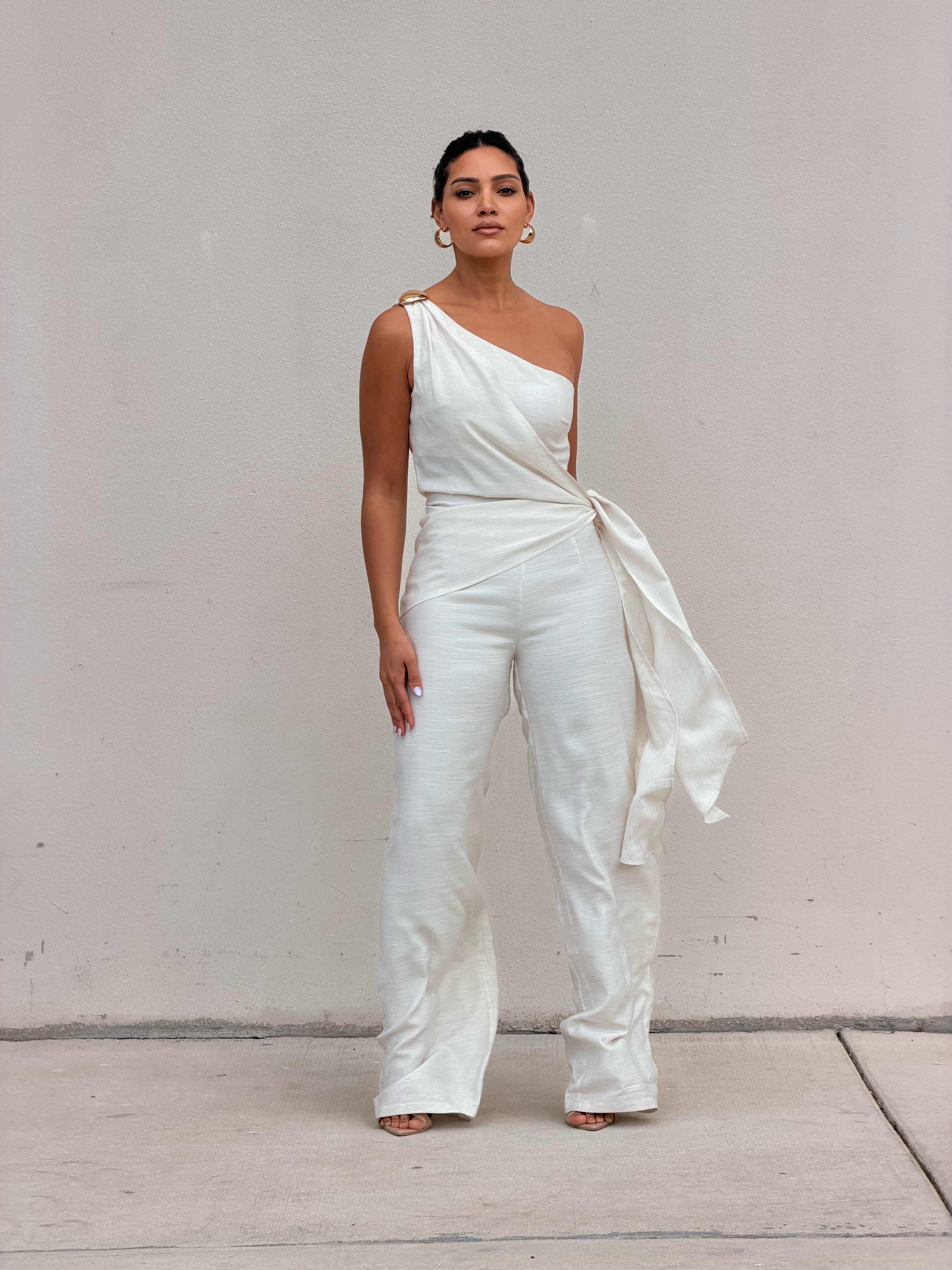 Neutral One Shoulder Linen Set