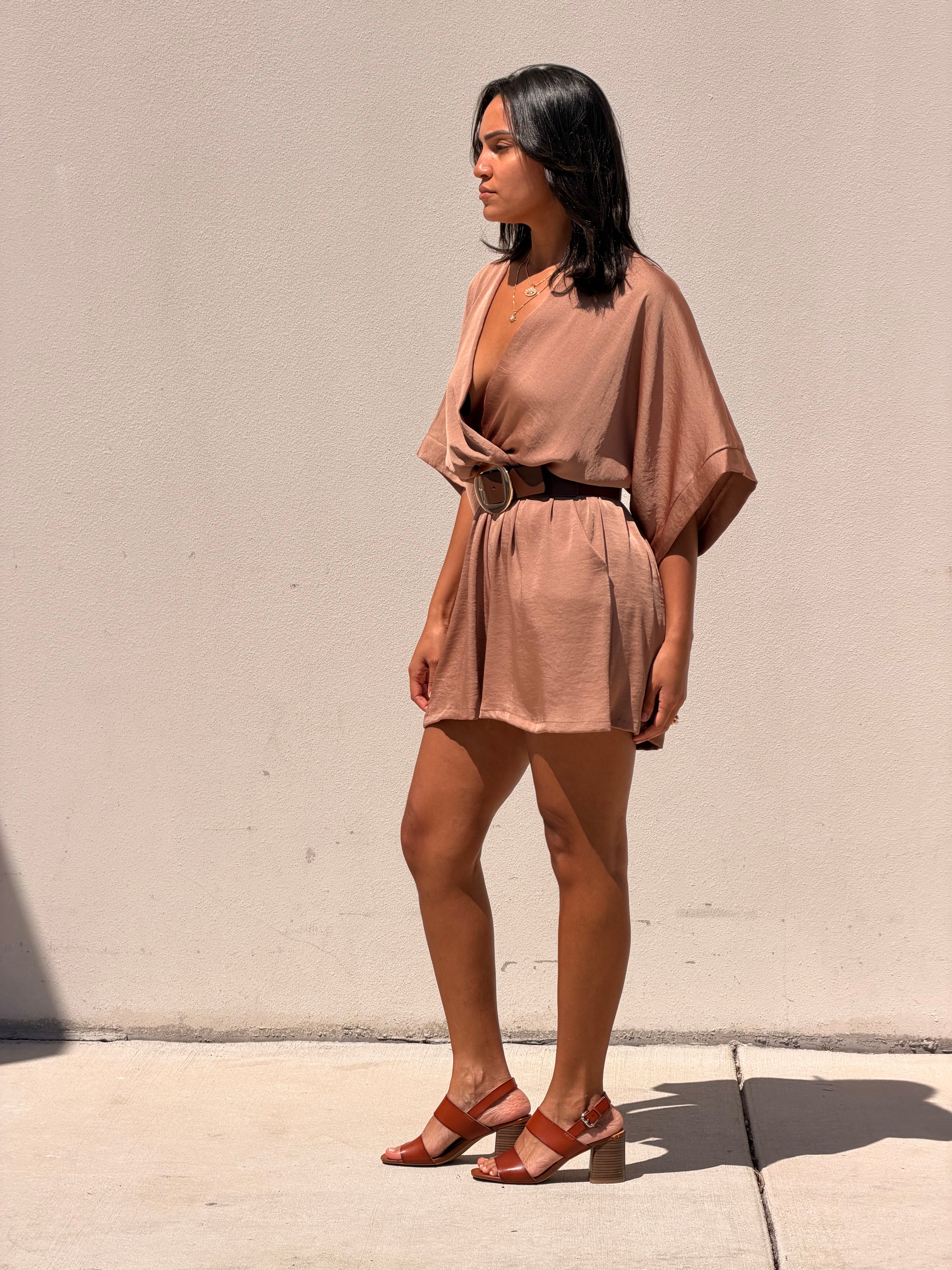 Washed Poly Silk Kimono Wrap Romper