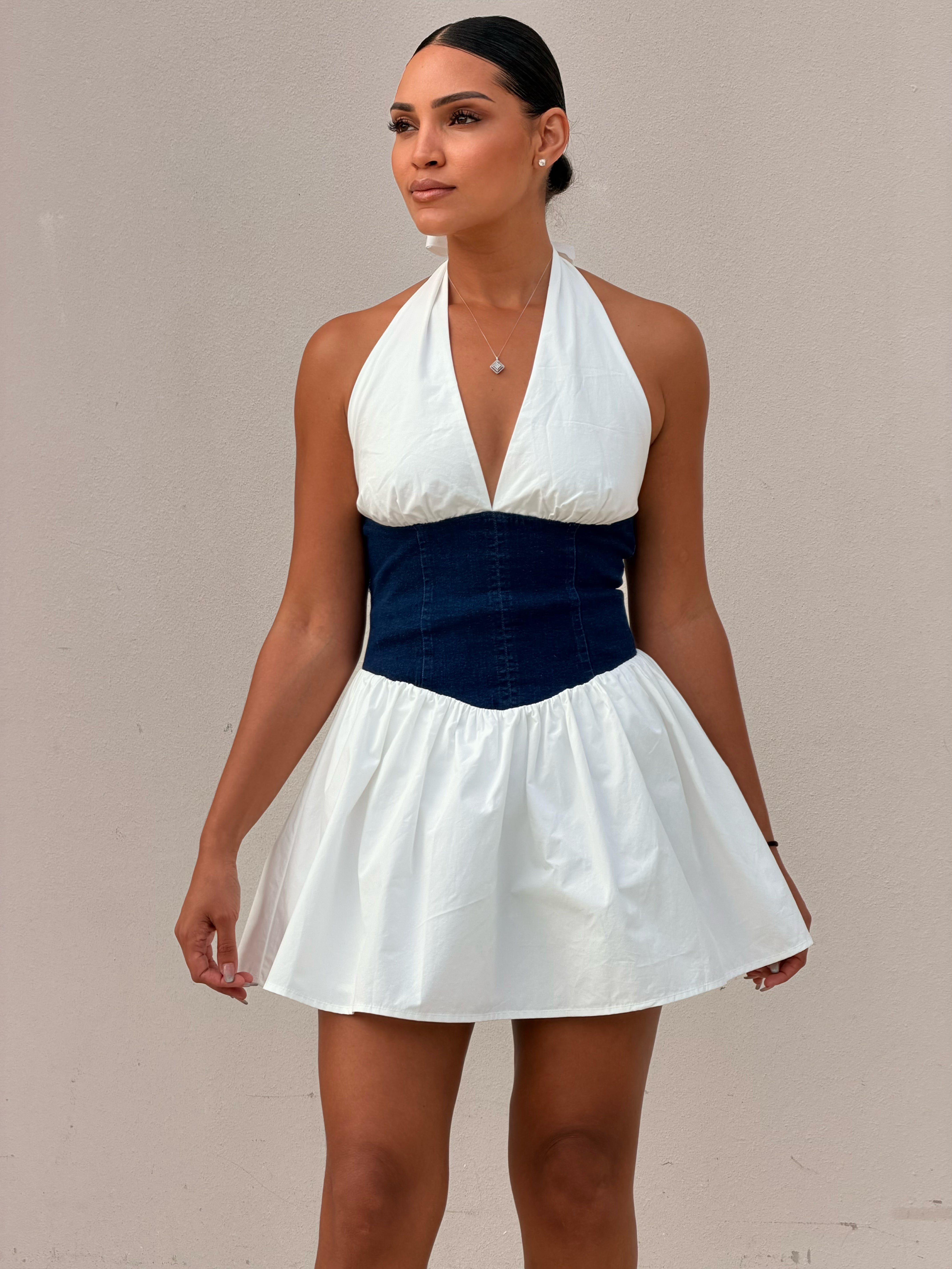 Midnight Contrast Halter Mini Dress