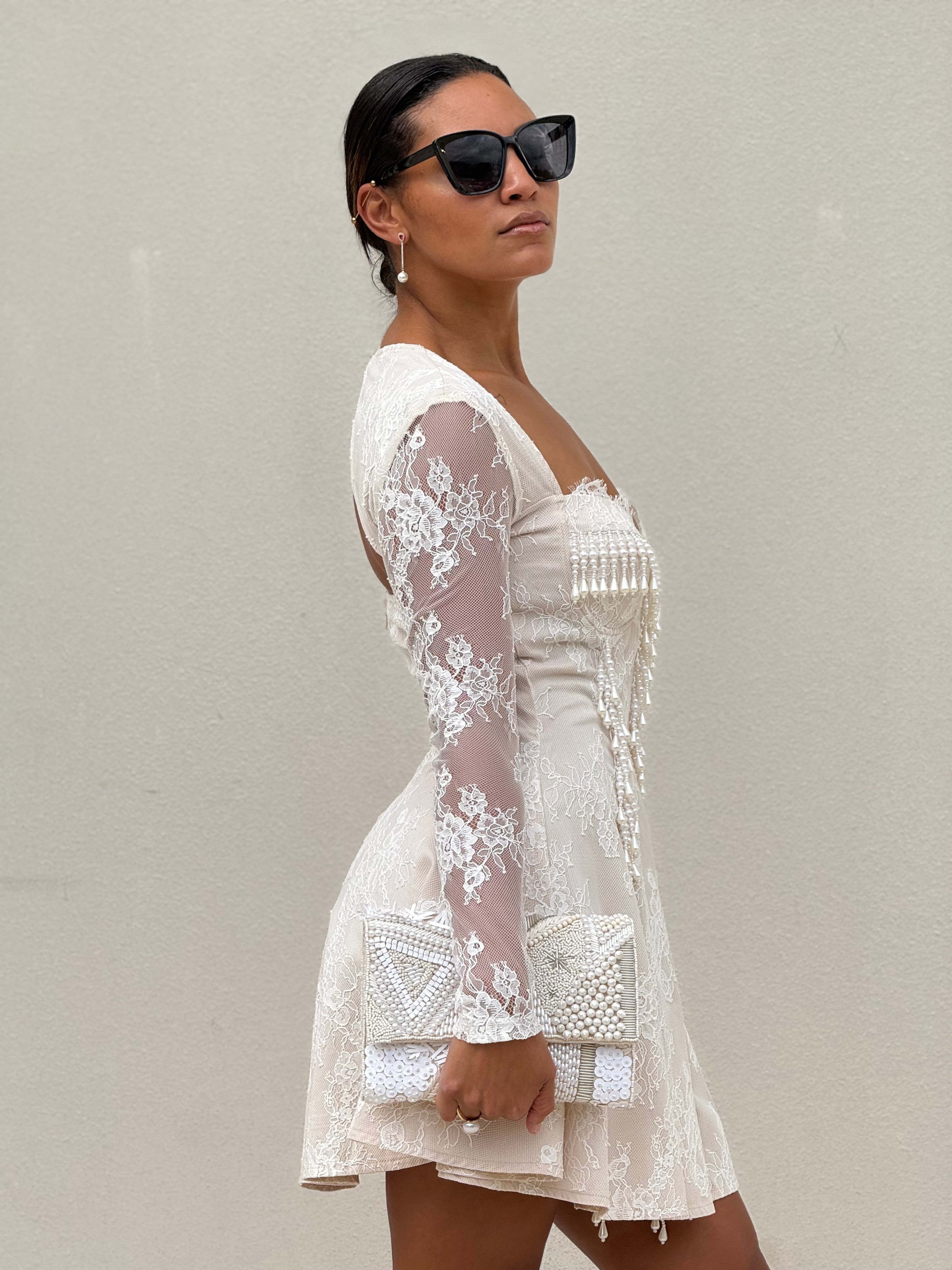 Beads Details Lace Long Sleeve Mini Dress