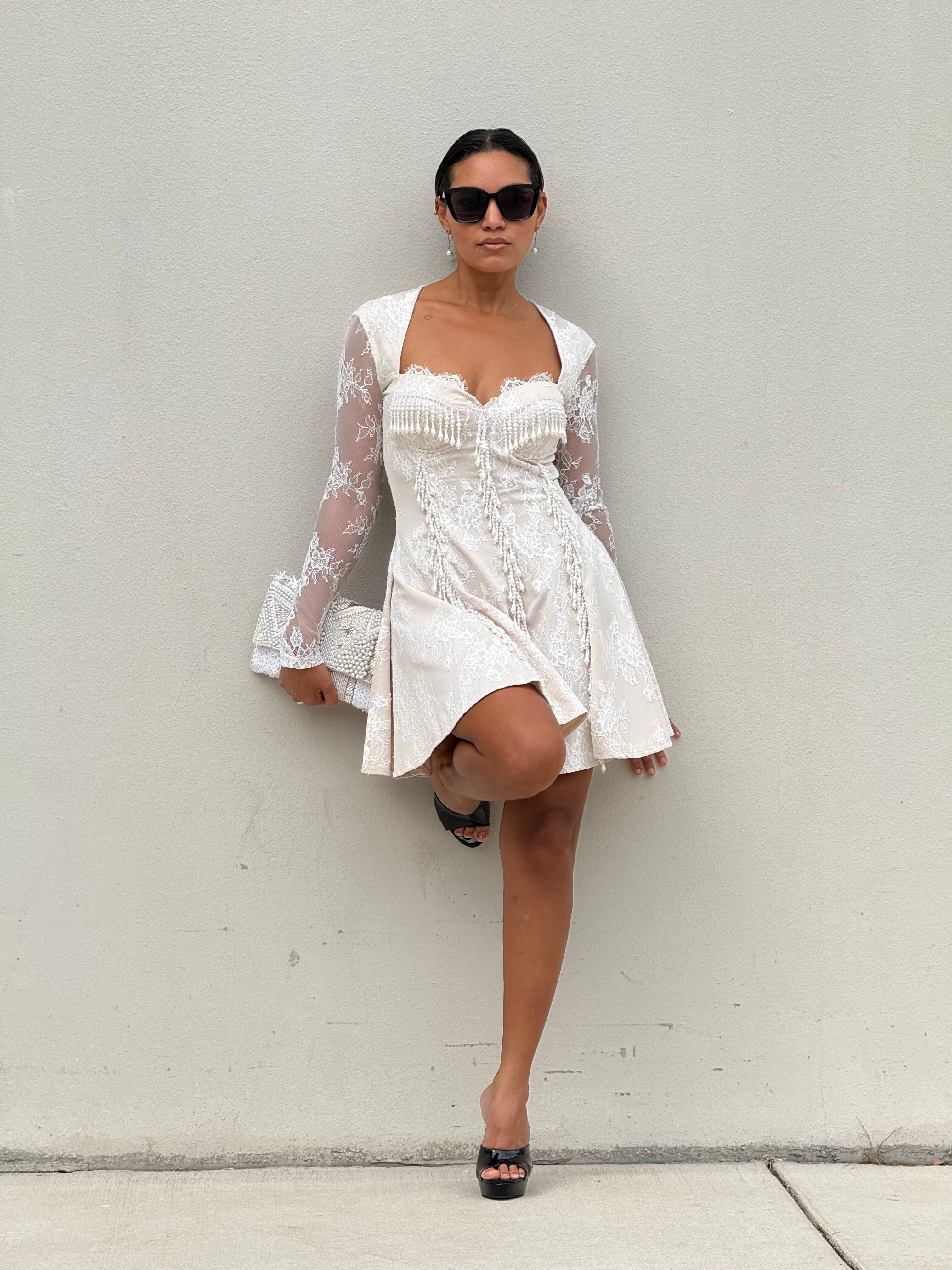 Beads Details Lace Long Sleeve Mini Dress