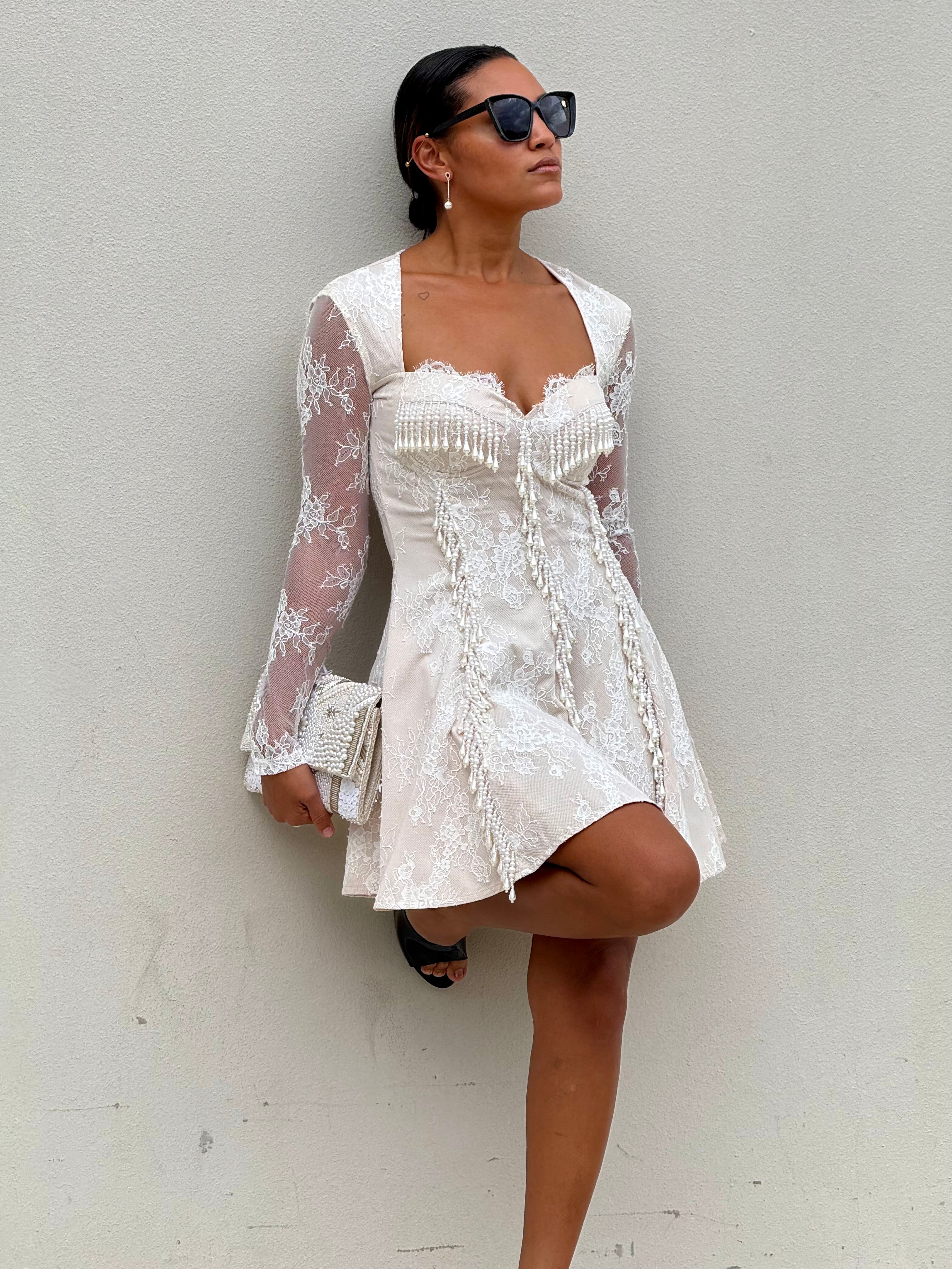 Beads Details Lace Long Sleeve Mini Dress