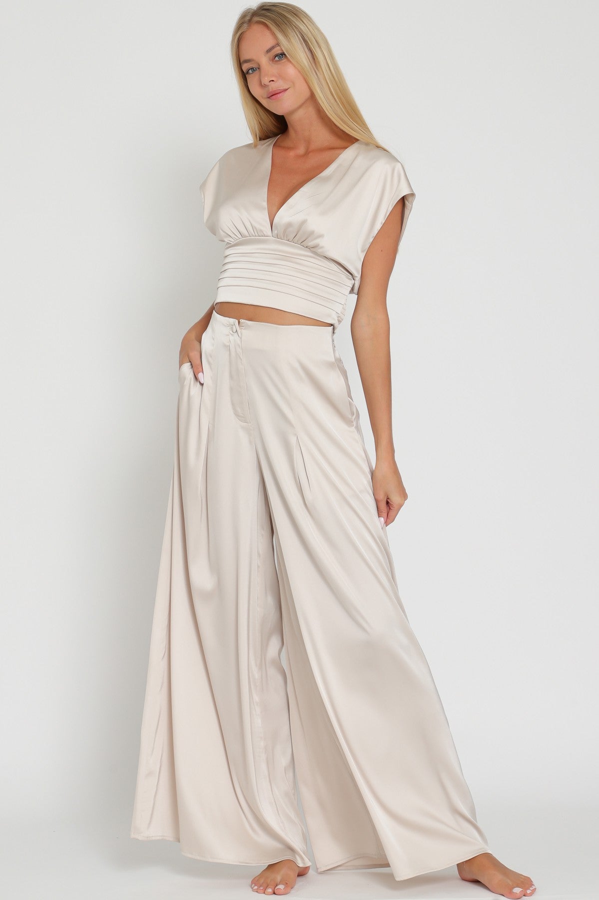 V-neck Dolman Sleeve Top & High Waisted Pants Set