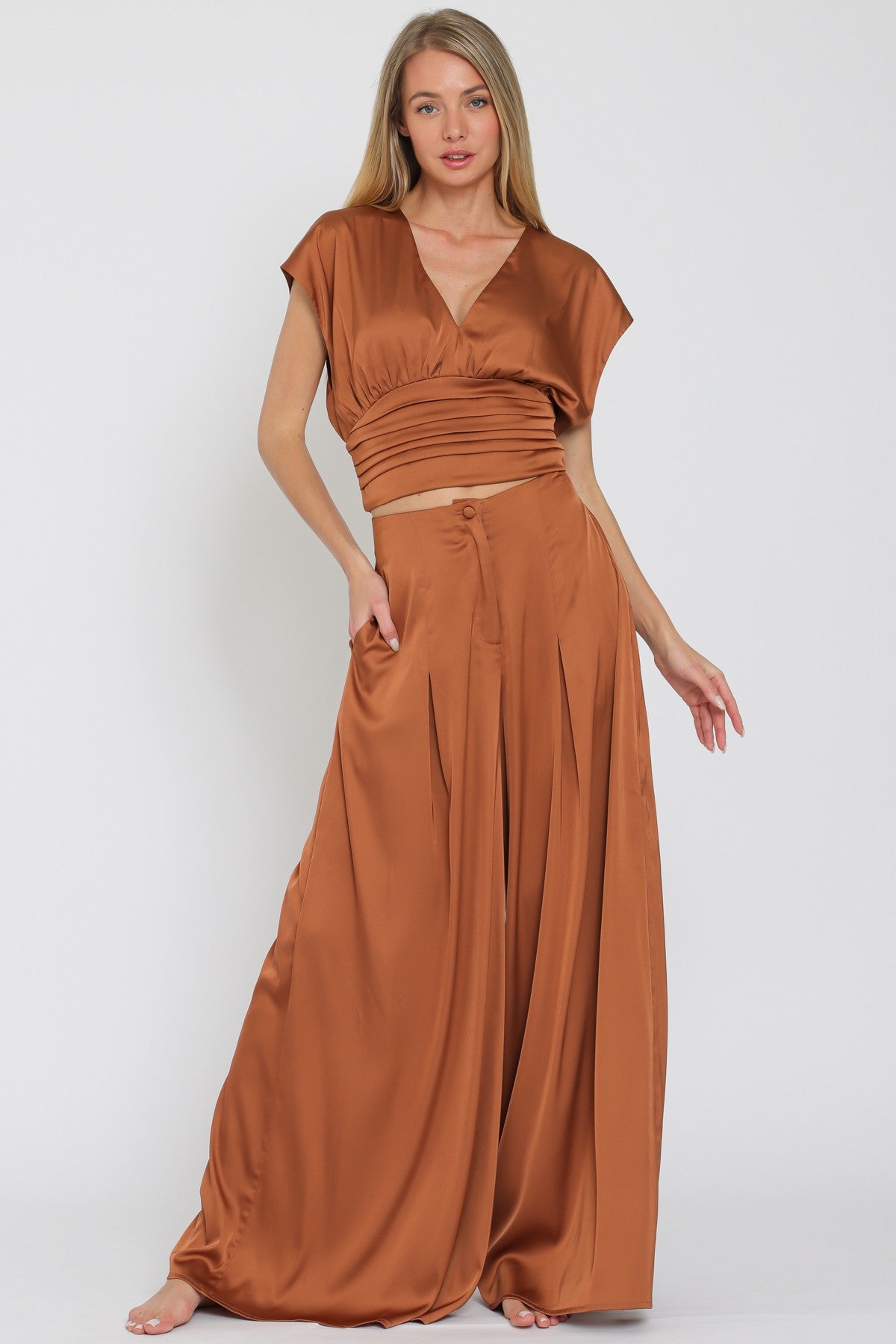 V-neck Dolman Sleeve Top & High Waisted Pants Set