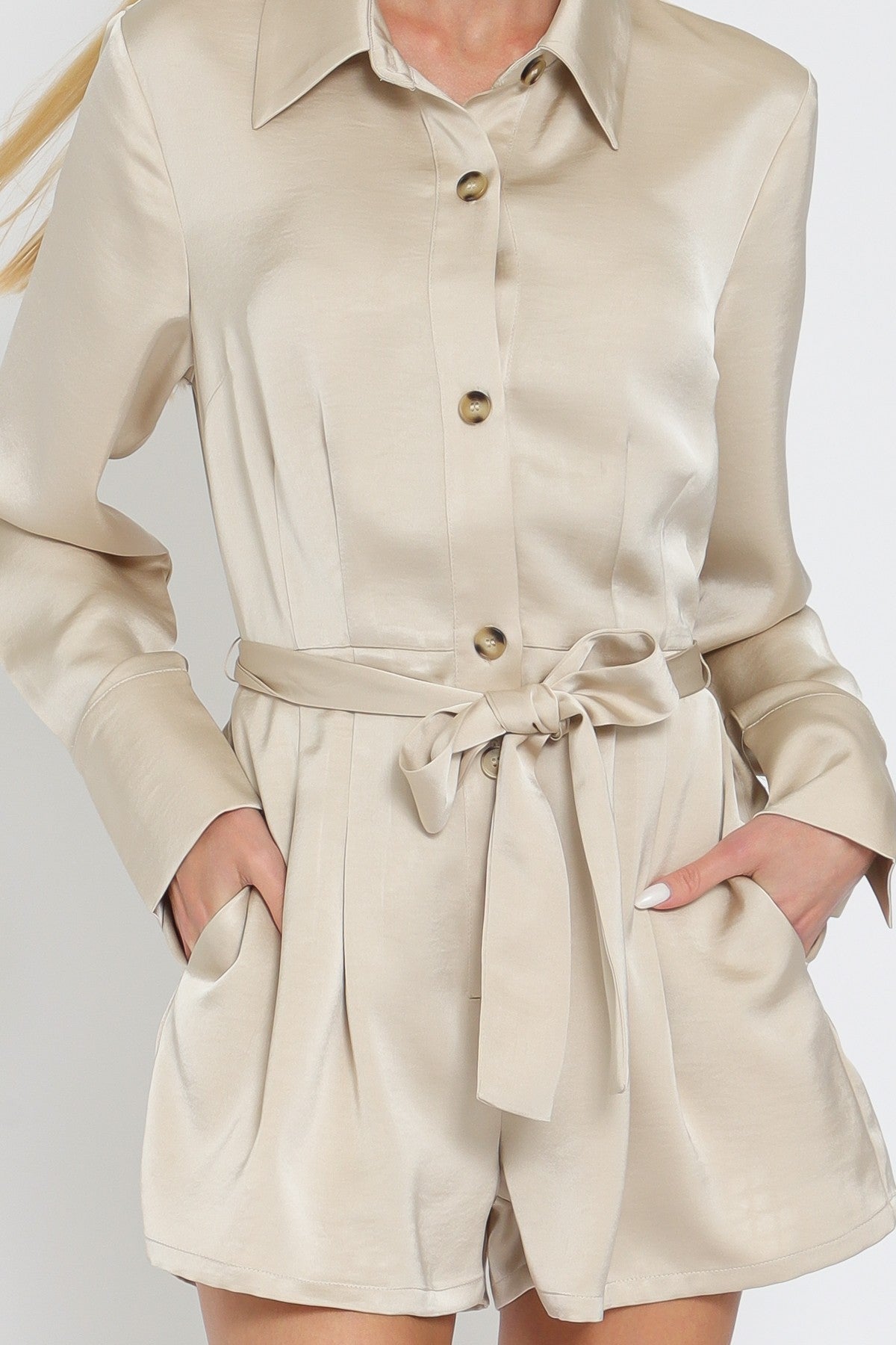 Long Sleeve Collared Romper Sash Tie Belt