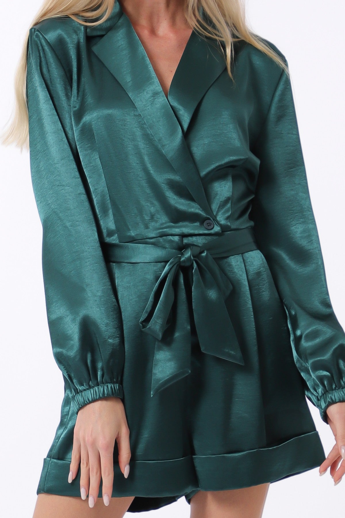 Long Sleeve Collared Romper Sash Tie Belt