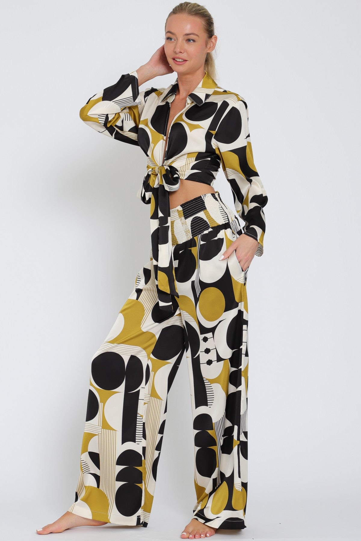 Long Sleeve Tie Front Top & High Waisted Pants Set