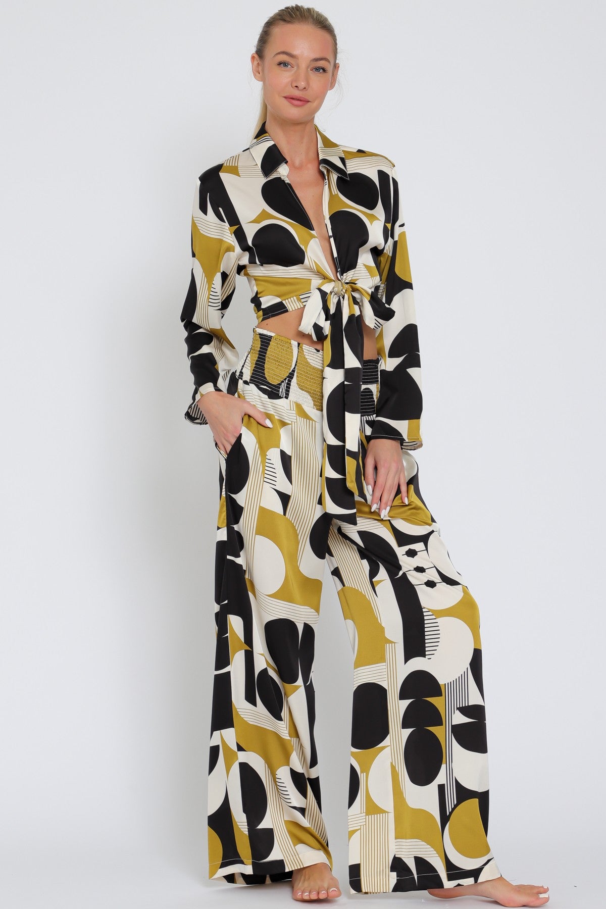 Long Sleeve Tie Front Top & High Waisted Pants Set