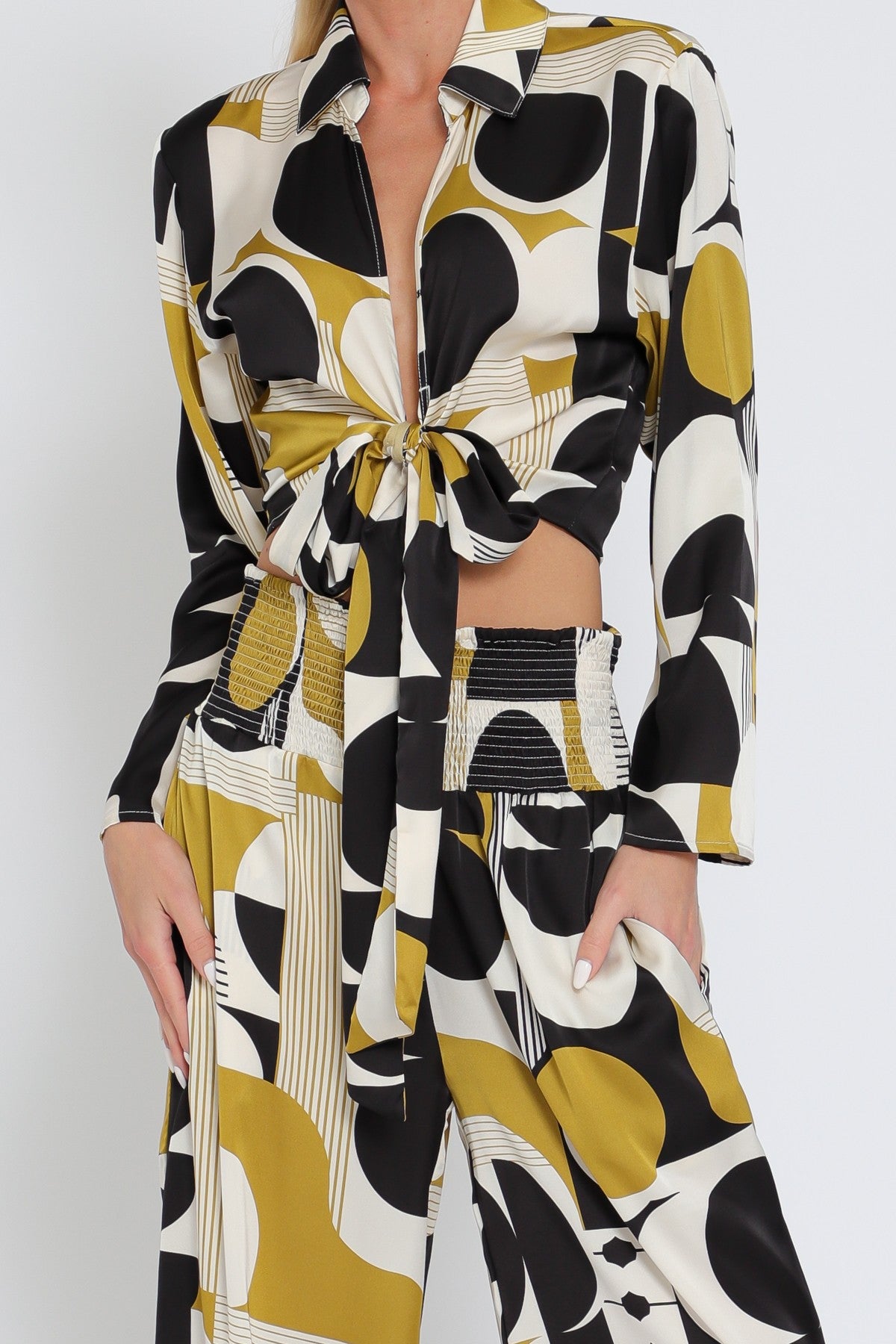 Long Sleeve Tie Front Top & High Waisted Pants Set